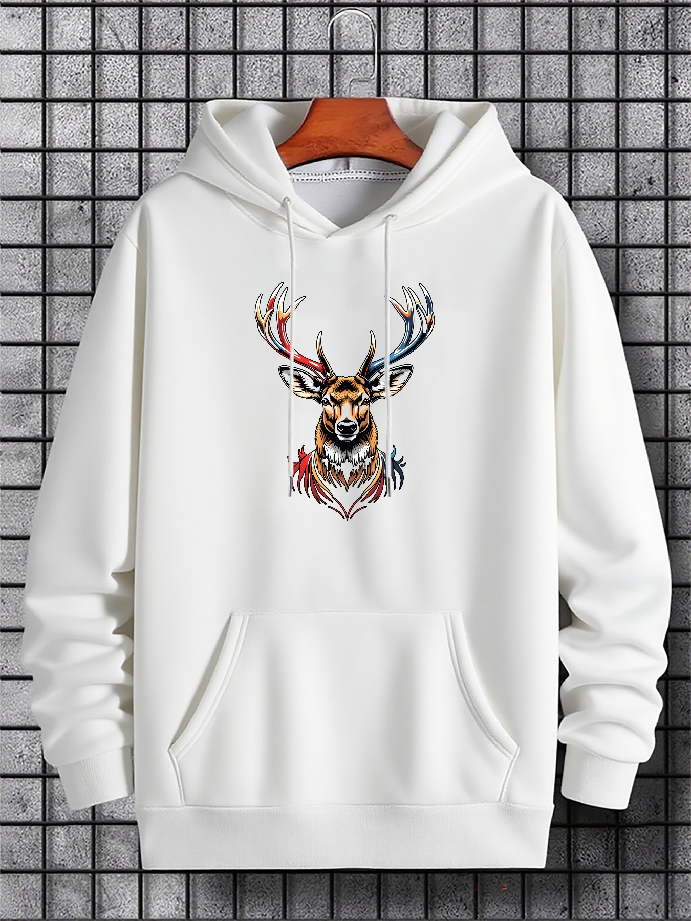 Tailorly Men's Printed Hoodie - Watercolor Splashes In Vibrant Hues Surrounding Majestic Antlered Deer Head