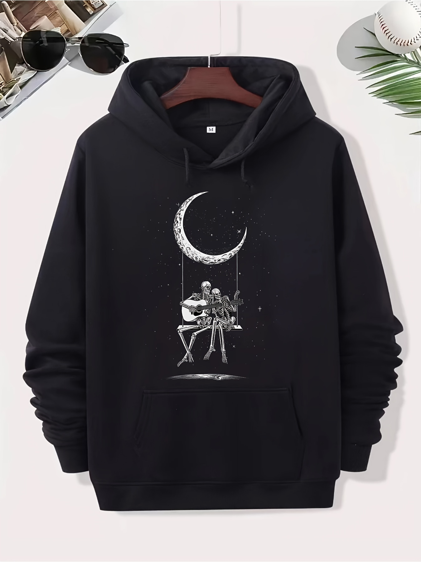 Tailorly Men's Printed Hoodie - Romantic Couple Playing Guitar Sitting Under Shining Crescent Moon Night