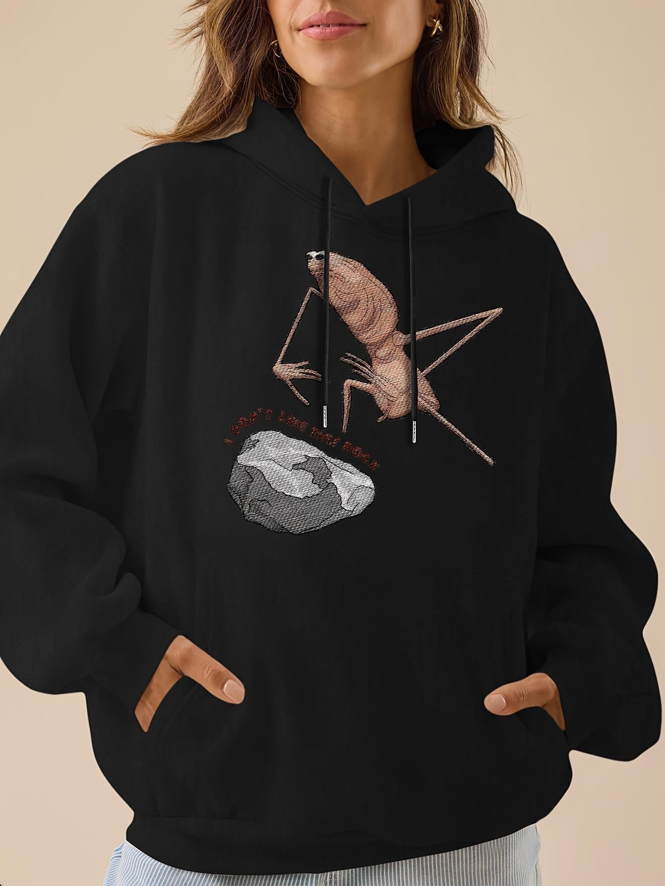 Tailorly Women's Printed Hoodie - Peaceful Night With Large Brown Insect Resting On Rock