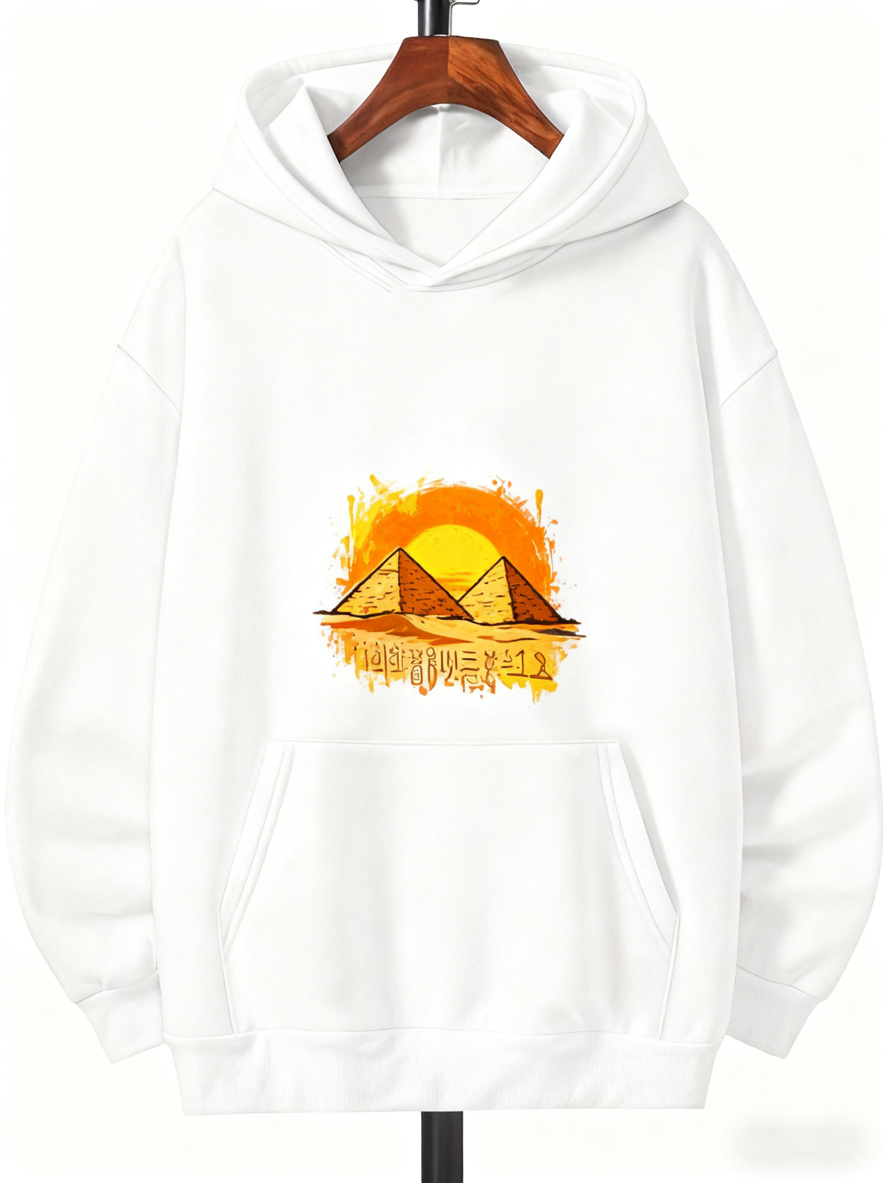 Tailorly Men's Printed Hoodie - Golden Sunset With Abstract Pyramids And Warm Shining Sun