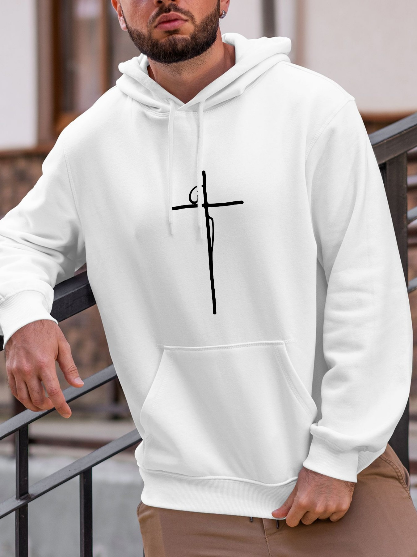Tailorly Men's Printed Hoodie - Minimalist Line Drawing Among Pure White Fabric Featuring Cross