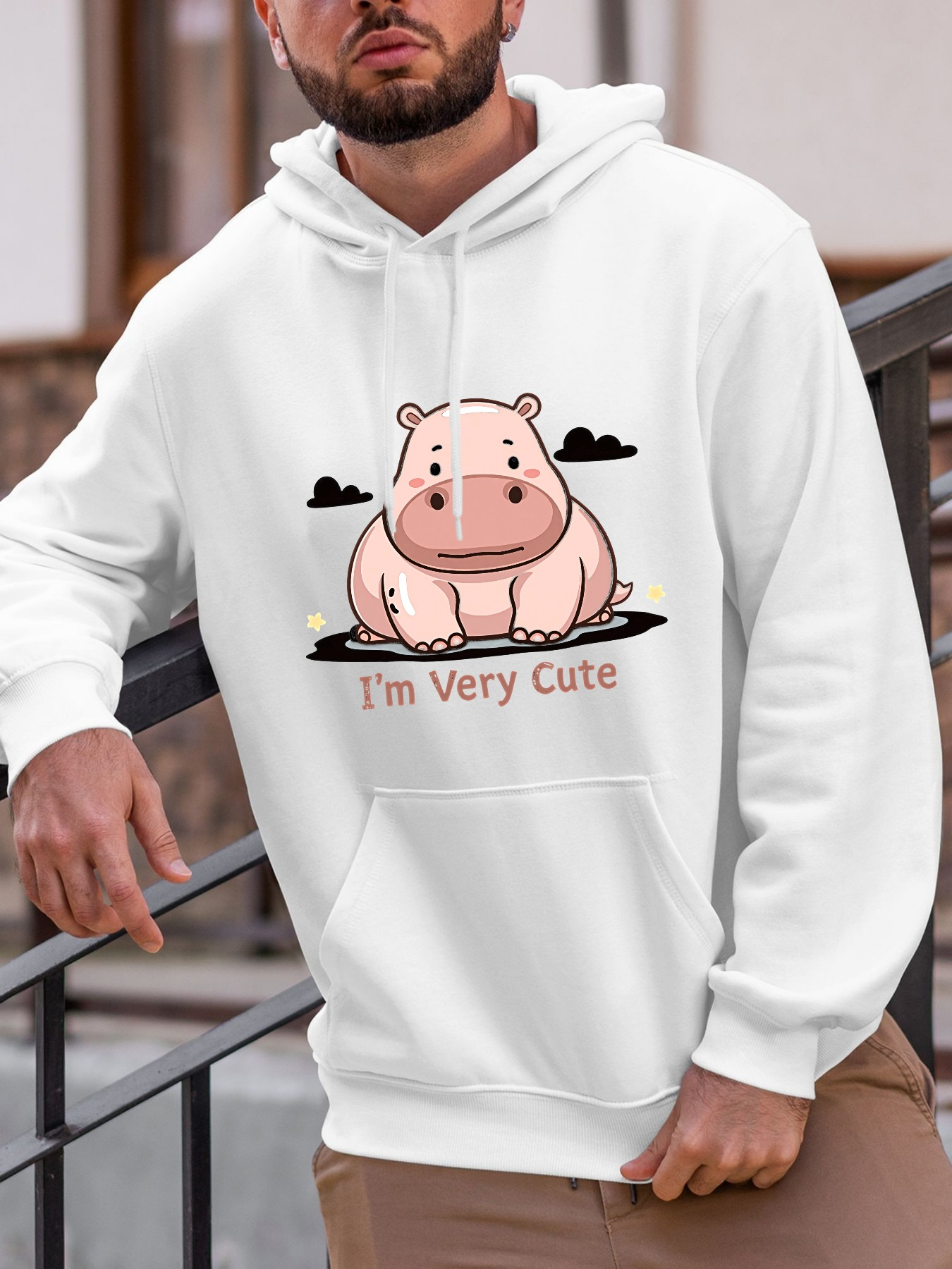 Tailorly Men's Printed Hoodie - Im Very Cute Cartoon Hippo Illustration With Playful Clouds Under Soft Light Hippo