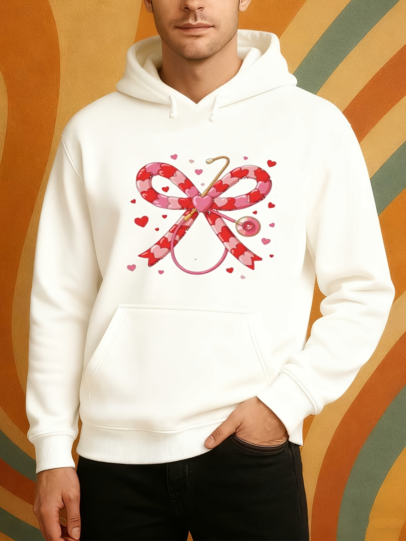 Tailorly Men's Printed Hoodie - Red Gingham Ribbon Surrounded By Tiny Pink Hearts And Candy Cane