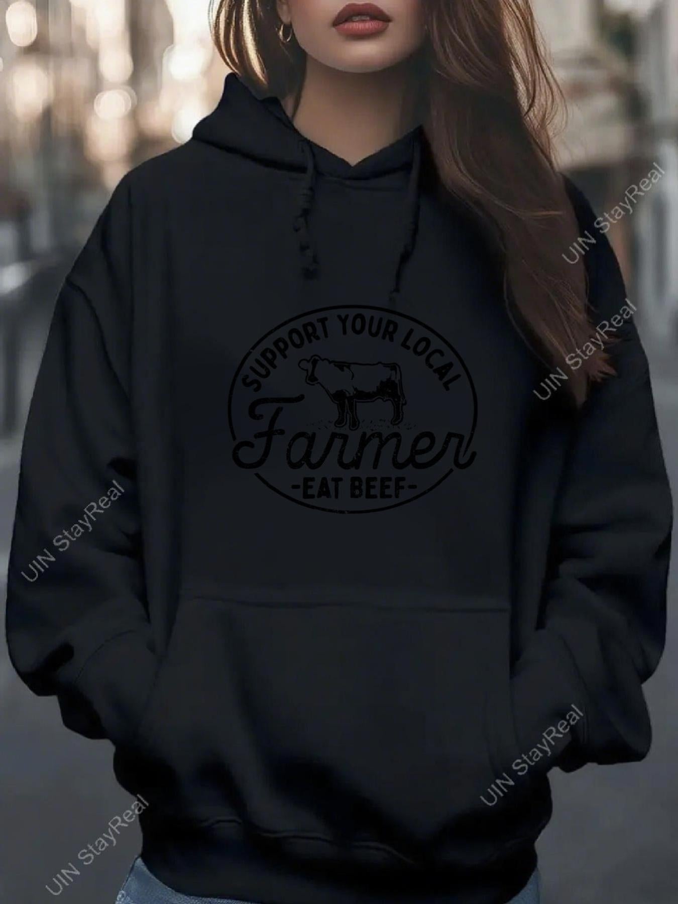 Tailorly Women's Printed Hoodie - Support Your Local Farmer Eat Beef With Graphic Cattle Illustration Hoodie