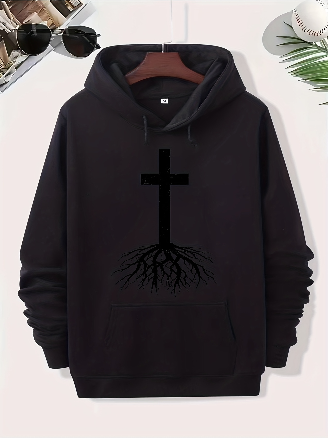 Tailorly Men's Printed Hoodie - Deep Roots Growing From A Stark Cross Under Night Sky Hoodie