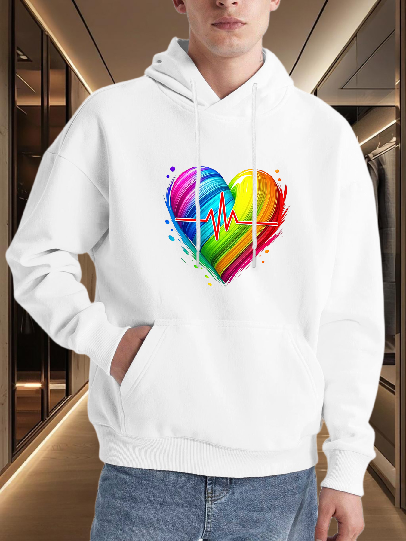 Tailorly Men's Printed Hoodie - Vivid Watercolor Spectrum Heartbeat With Colorful Painted Heart