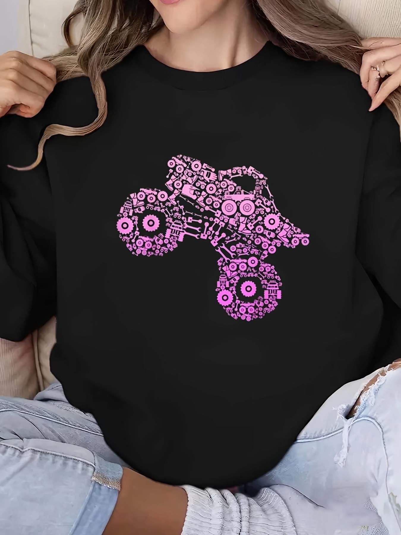Tailorly Women's Printed Hoodie - Playful Pink Gear Motifs Forming Massive Monster Truck