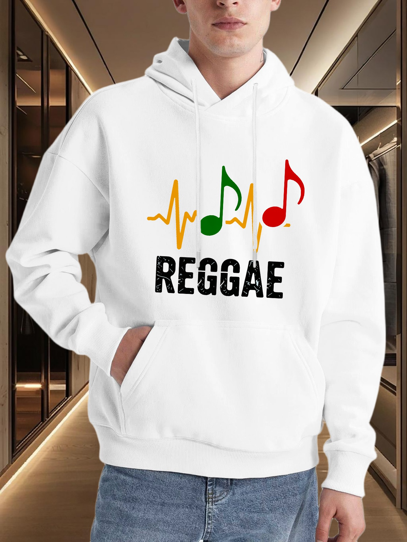 Tailorly Men's Printed Hoodie - Reggae Colored Notes And Vibrant Rhythmic Sound Wave Music