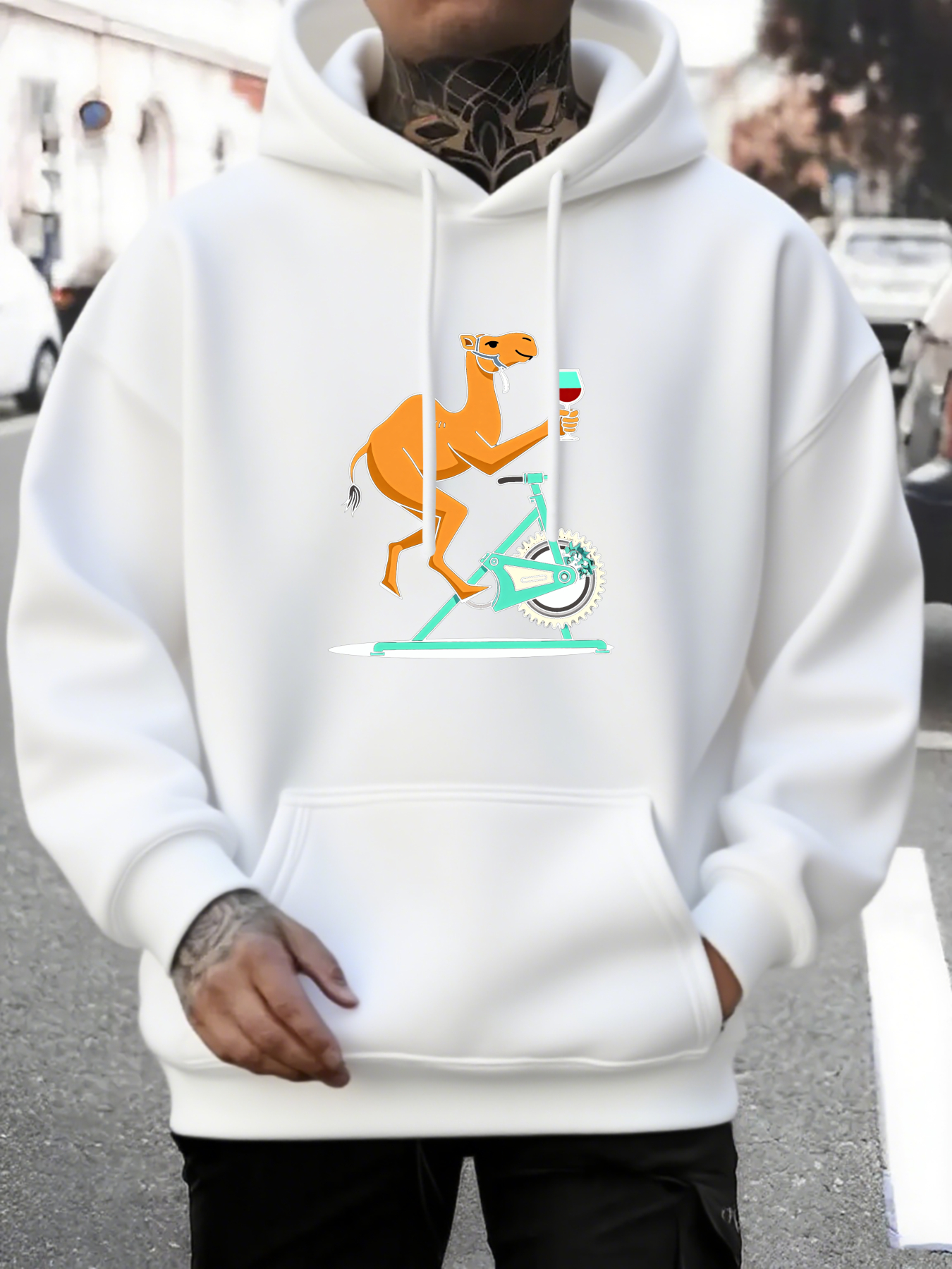Tailorly Men's Printed Hoodie - Cartoon Style Orange Camel Riding A Bicycle Under Bright Sunlight Camel