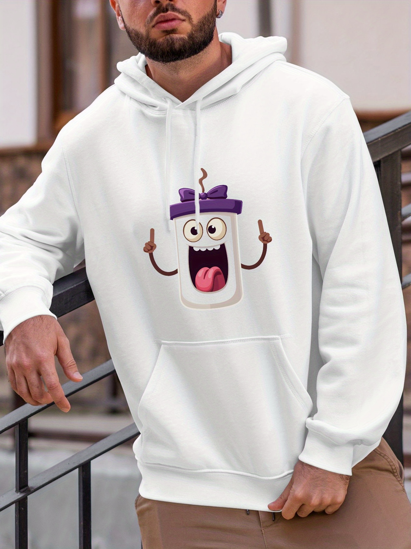 Tailorly Men's Printed Hoodie - Playful Cartoon Gift Box With Big Eyes And Purple Ribbon Gift