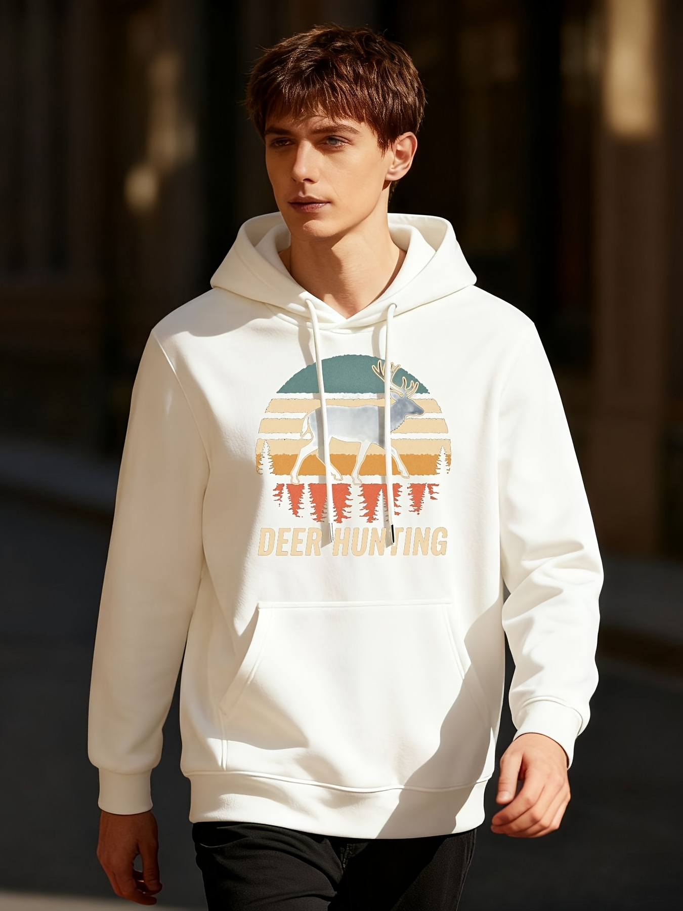 Tailorly Men's Printed Hoodie - Deep Hunting With Vintage Sunset Pines Nature Scene Deer