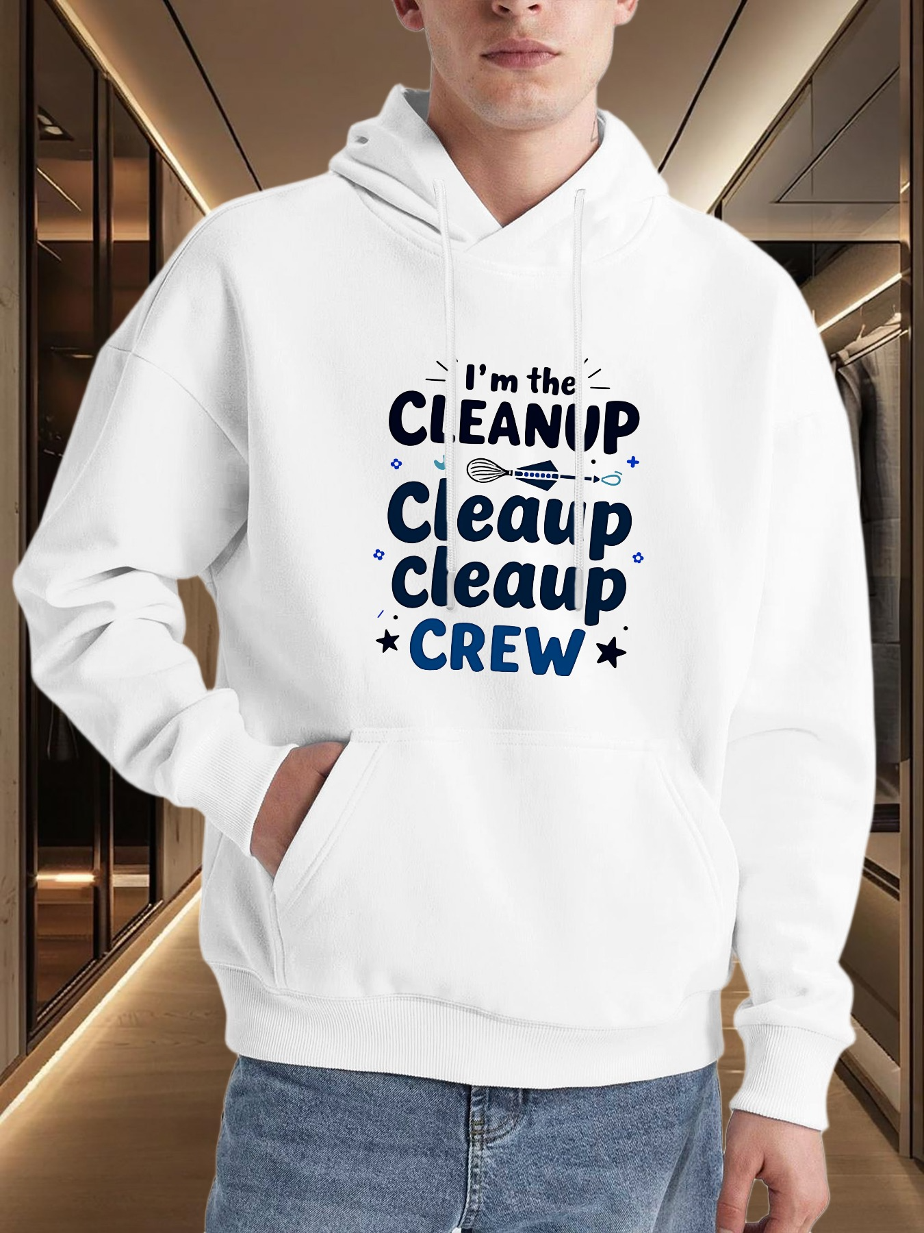 Tailorly Men's Printed Hoodie - Im The Cleanup Crew With Navy Modern Lettering And Small Star Accents Hoodie