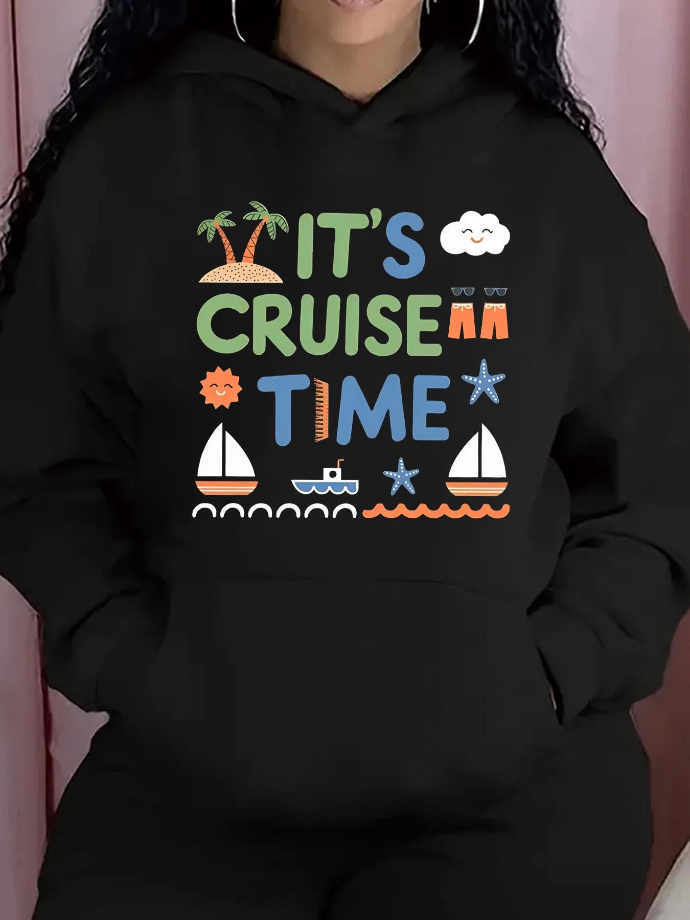 Tailorly Women's Printed Hoodie - Its Cruise Time Ships With Palm Trees Sea Waves Clouds And Sunshine