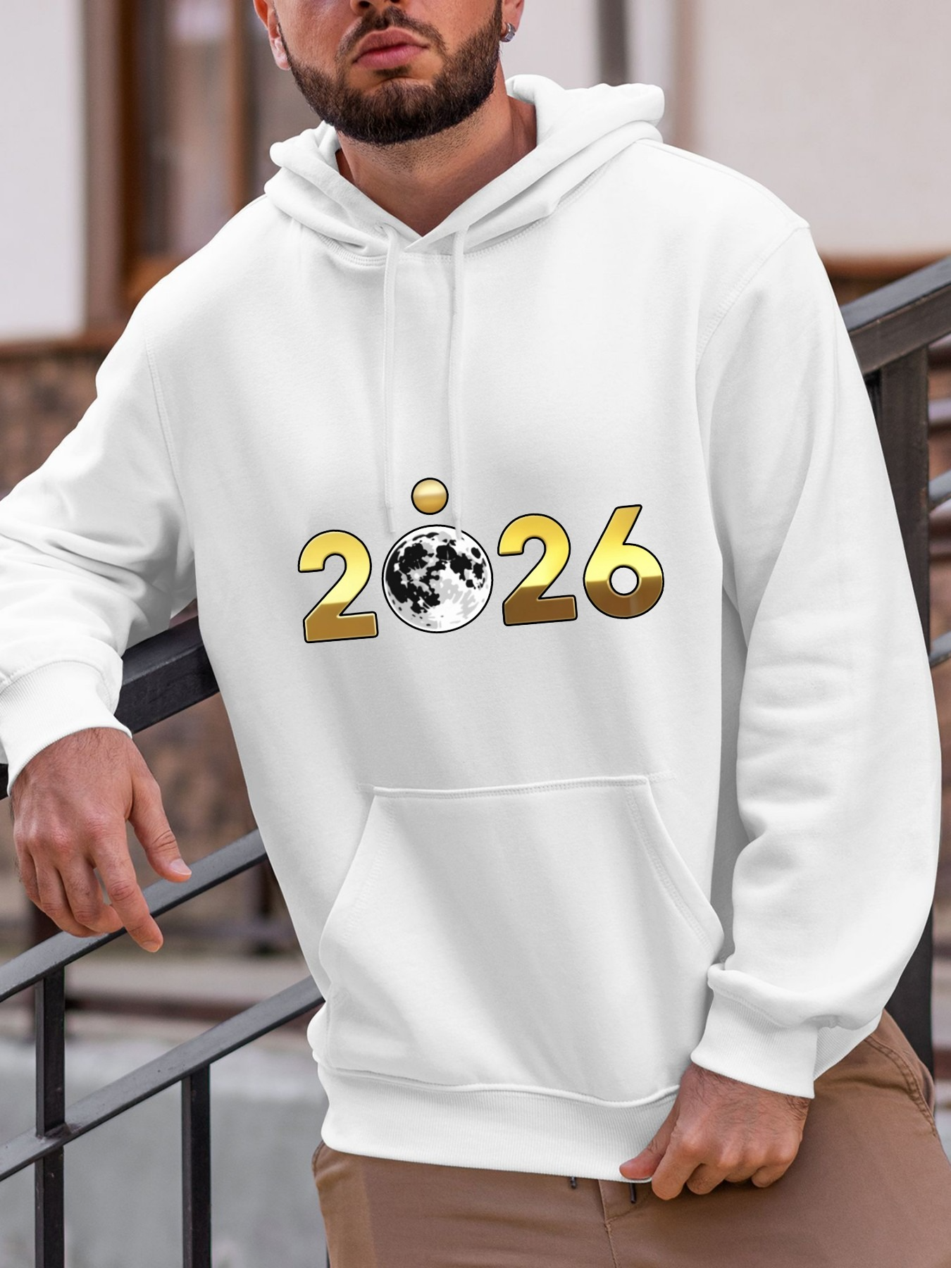 Tailorly Men's Printed Hoodie - Golden Numbers With Earth Illustration In Between Digits Year