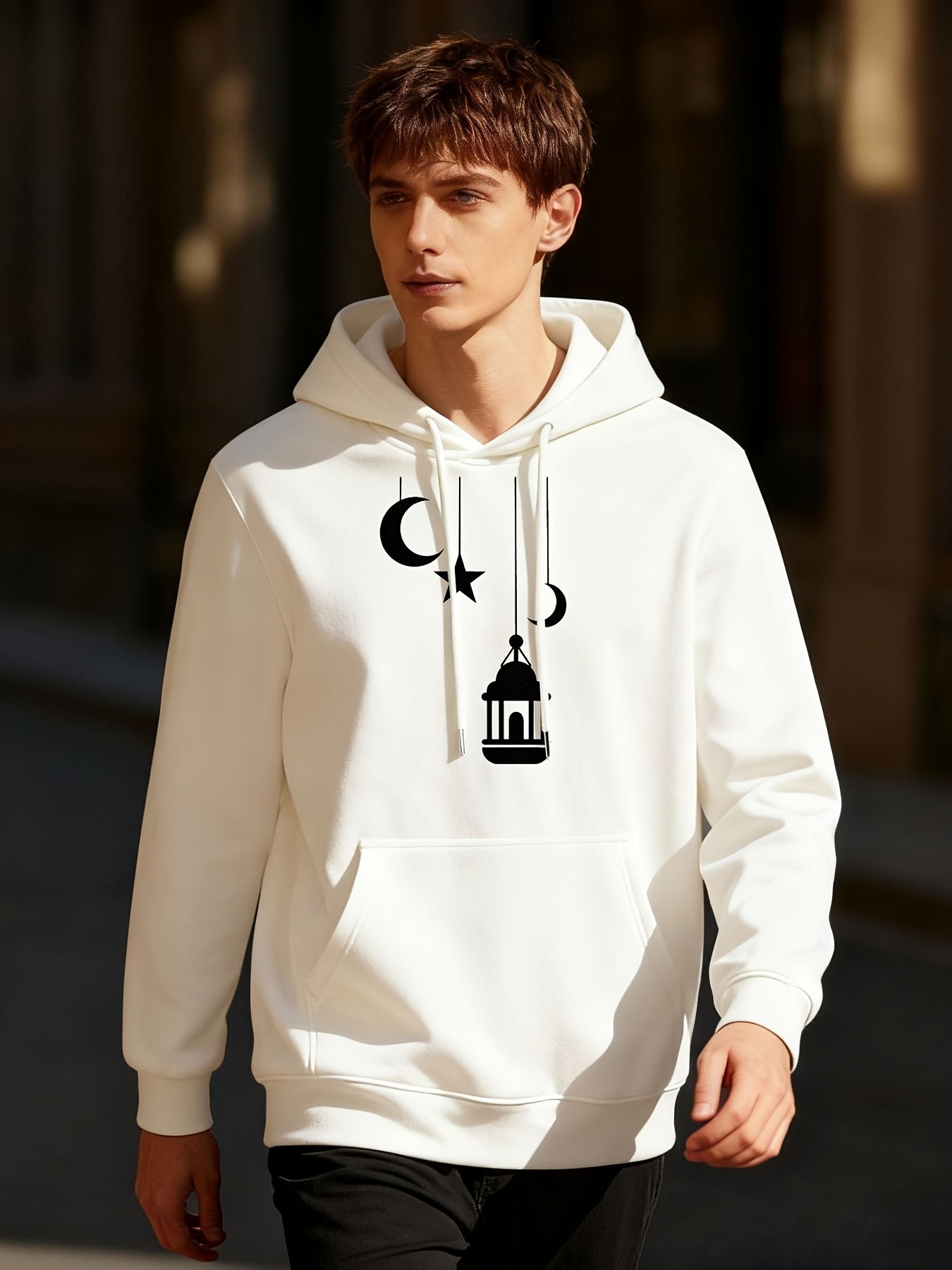 Tailorly Men's Printed Hoodie - Crescent Moon Stars And Lantern Under Clear Night Sky Lantern