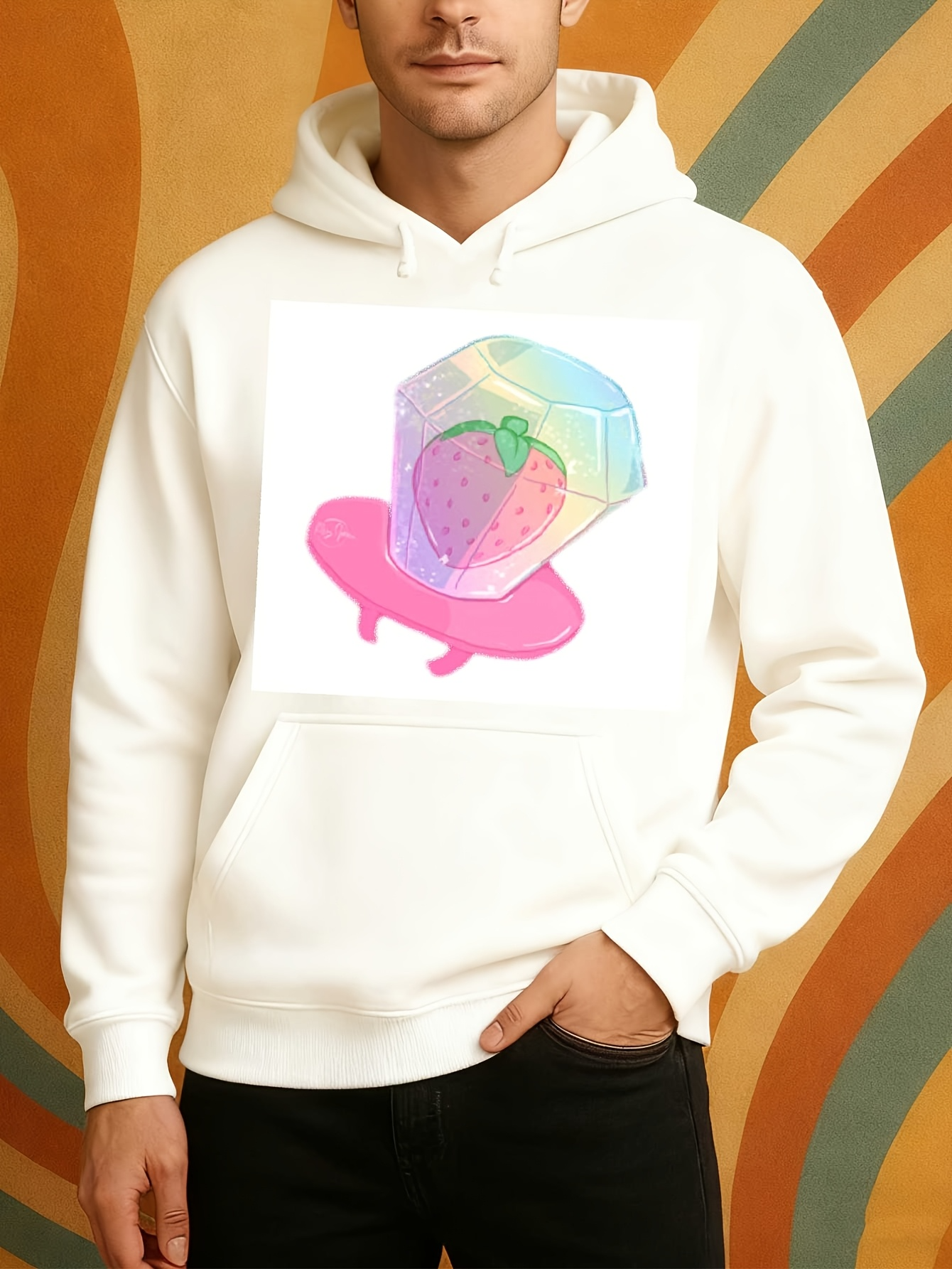 Tailorly Men's Printed Hoodie - Shimmering Rainbow Ice Cube With Juicy Pink Strawberry Floating Plate