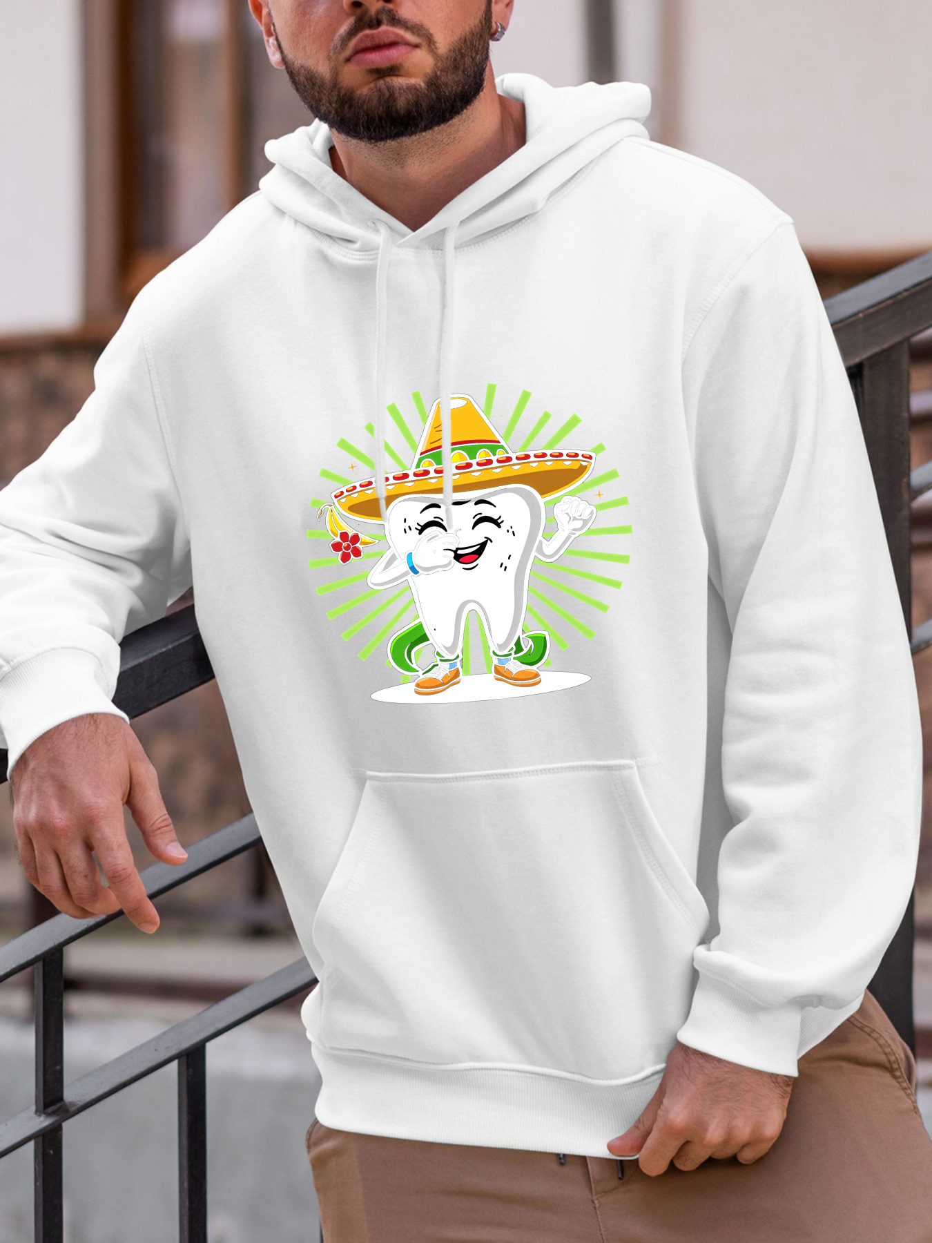Tailorly Men's Printed Hoodie - Smiling Tooth Wearing Sombrero With Limes And Colorful Fiesta Accents Tooth