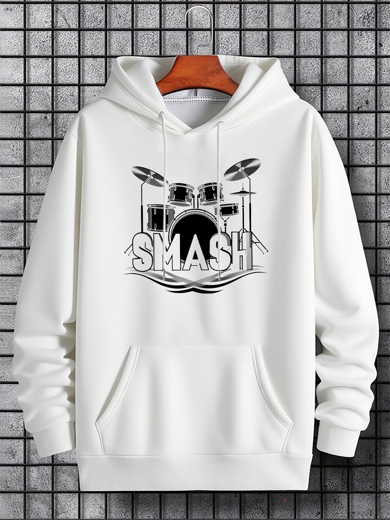 Tailorly Men's Printed Hoodie - Smash With Detailed Drum Set Illustration Under Stylized Letters