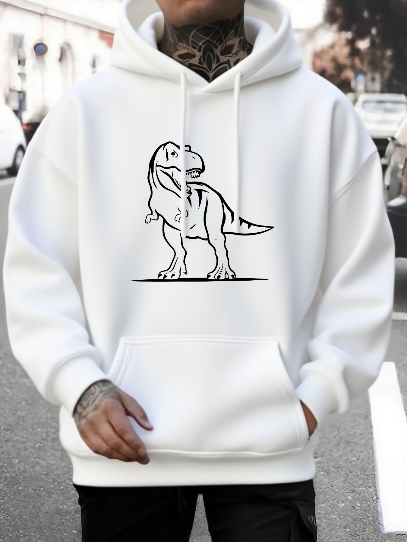 Tailorly Men's Printed Hoodie - Minimalist Cartoon Outline Dinosaur On Urban White Hoodie
