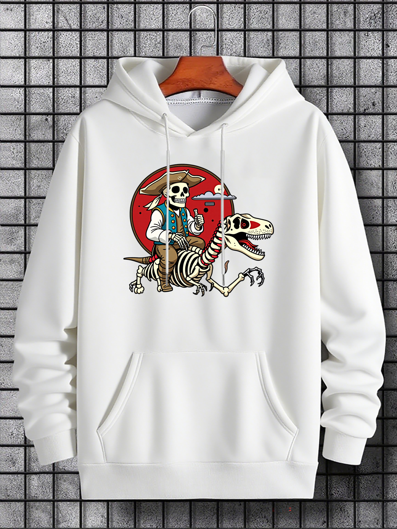 Tailorly Men's Printed Hoodie - Cowboy Skeleton With Red Sun Riding A Dinosaur Skeleton