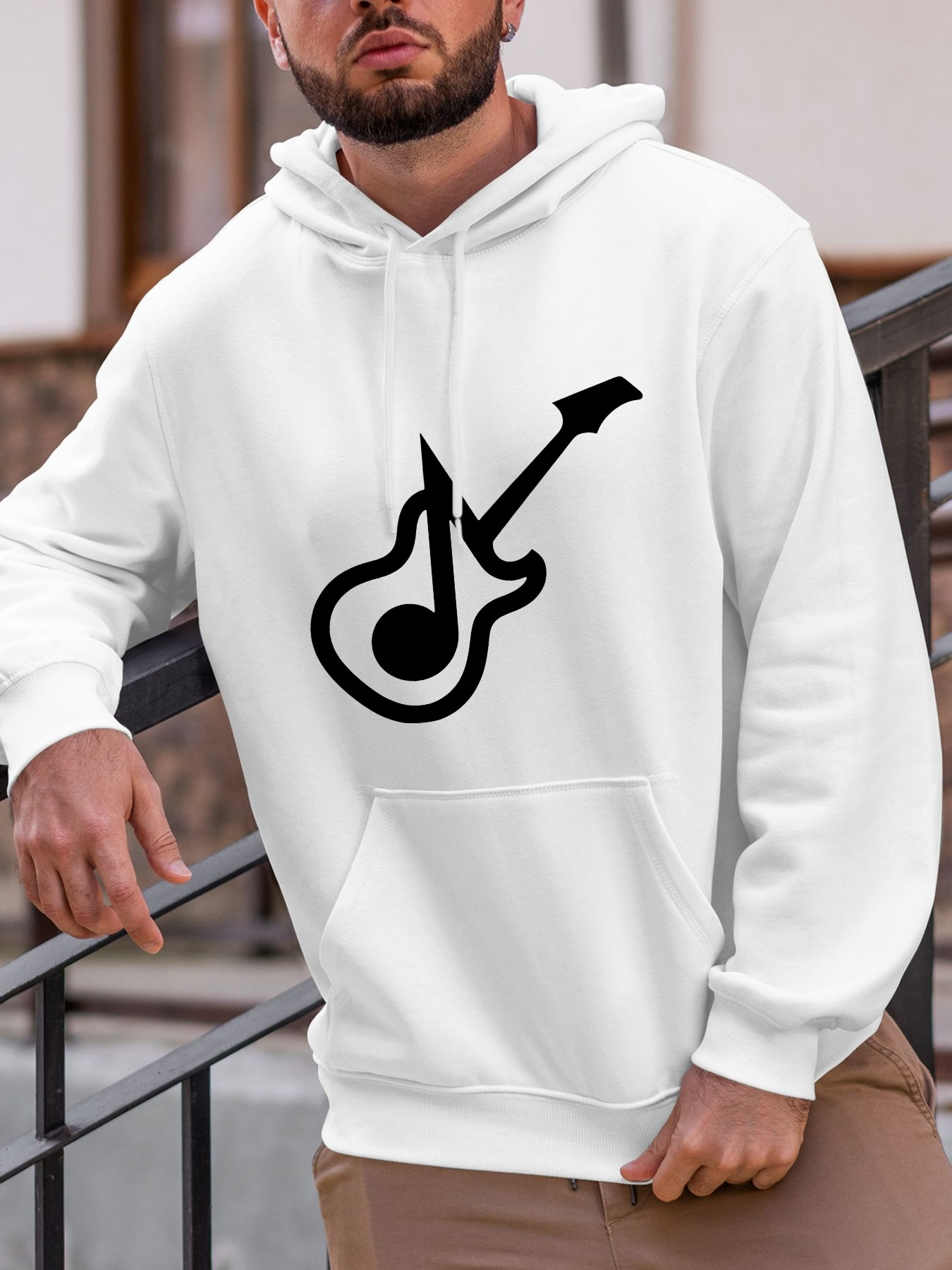 Tailorly Men's Printed Hoodie - Modern Graphic Black Note And Guitar Silhouette Graphic Hoodie