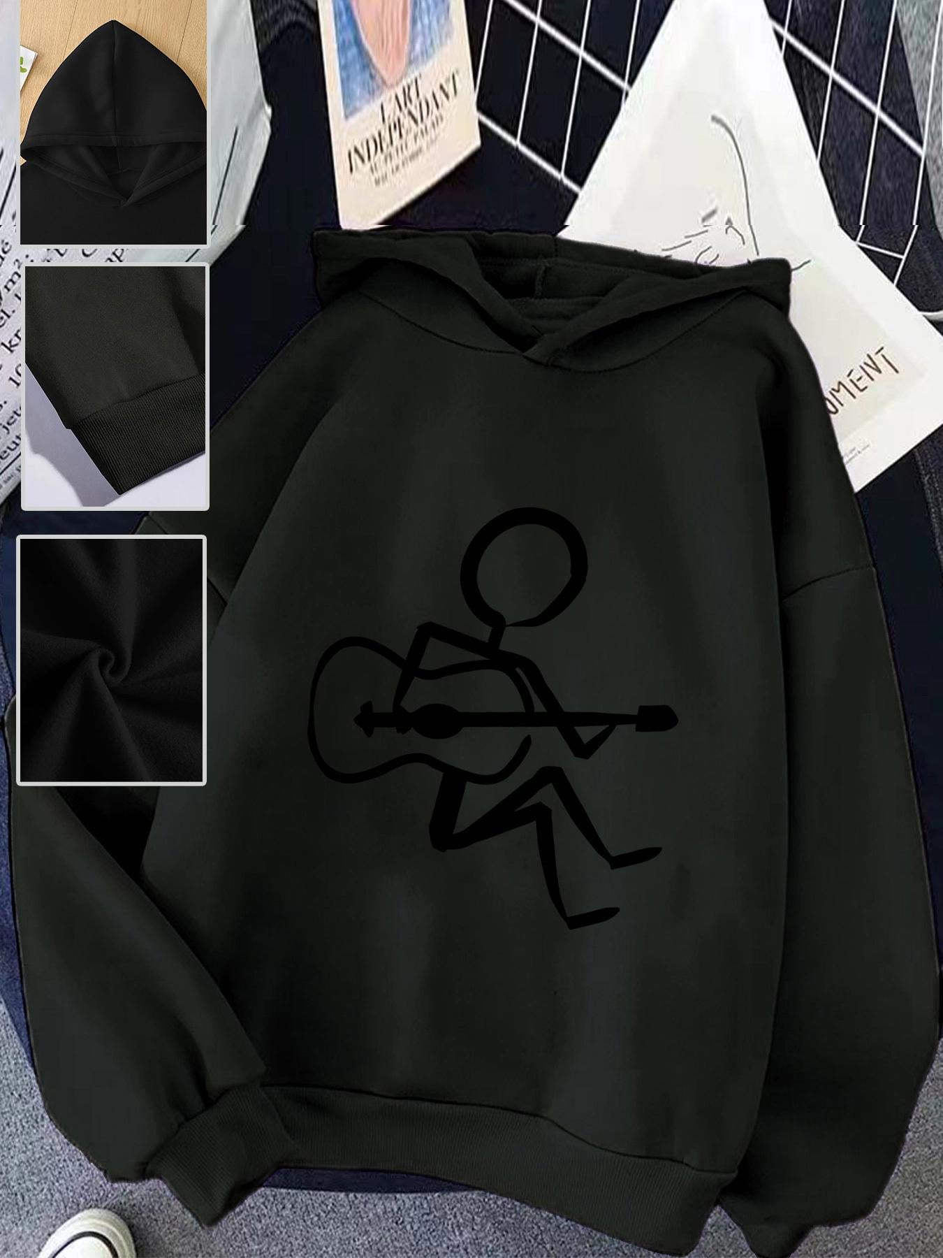 Tailorly Women's Printed Hoodie - Minimalist Line Art With Sitting Musician Playing Acoustic Guitar