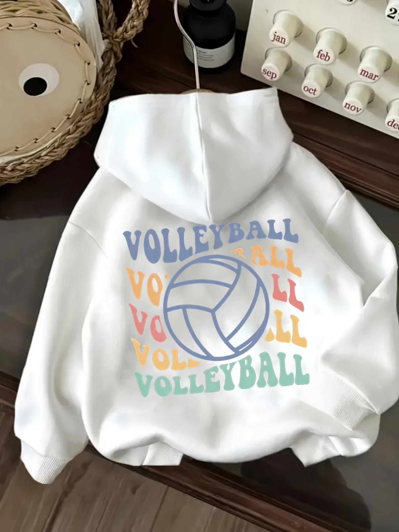 Tailorly Women's Printed Hoodie - Colorful Lettering Design With Overlapping Pastel Words And Large Volleyball Ball