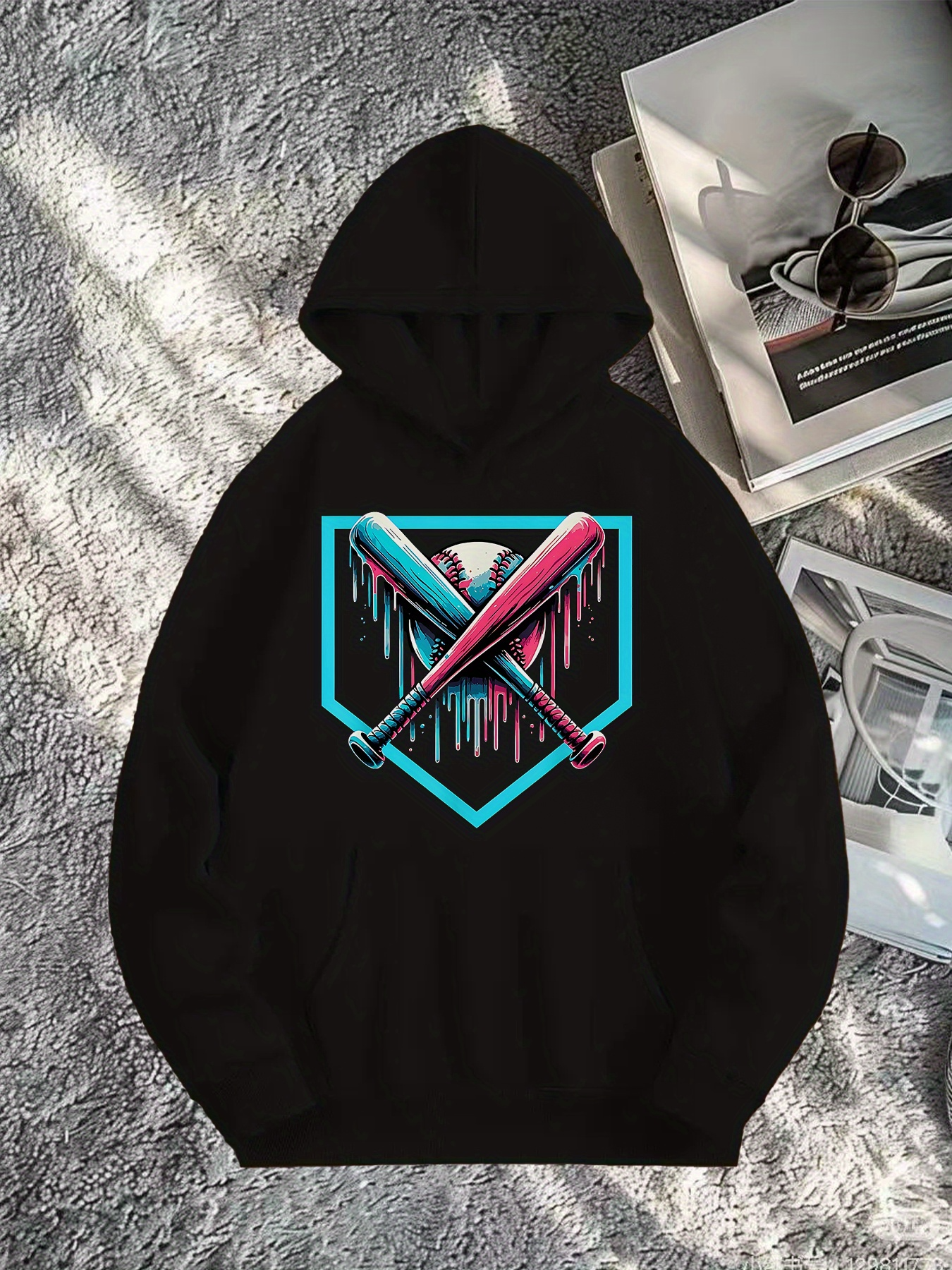 Tailorly Men's Printed Hoodie - Vivid Neon Dripping Colors With Crossed Baseball Bats And Diamond
