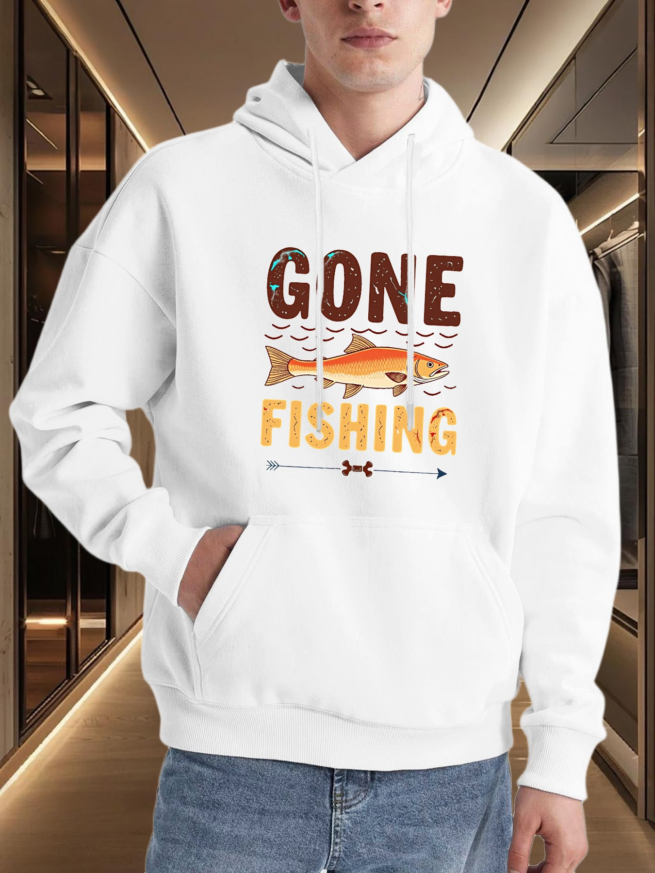 Tailorly Men's Printed Hoodie - Gone Fishing With Sunset Lake Ripples And Bold Lettering Trout