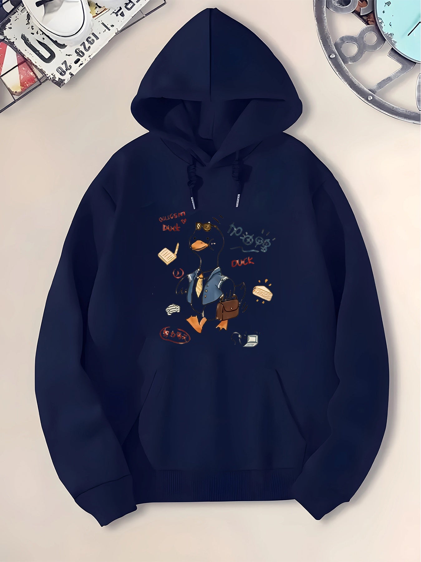 Tailorly Men's Printed Hoodie - Colorful Geometric Shapes With Floating Playful Penguin