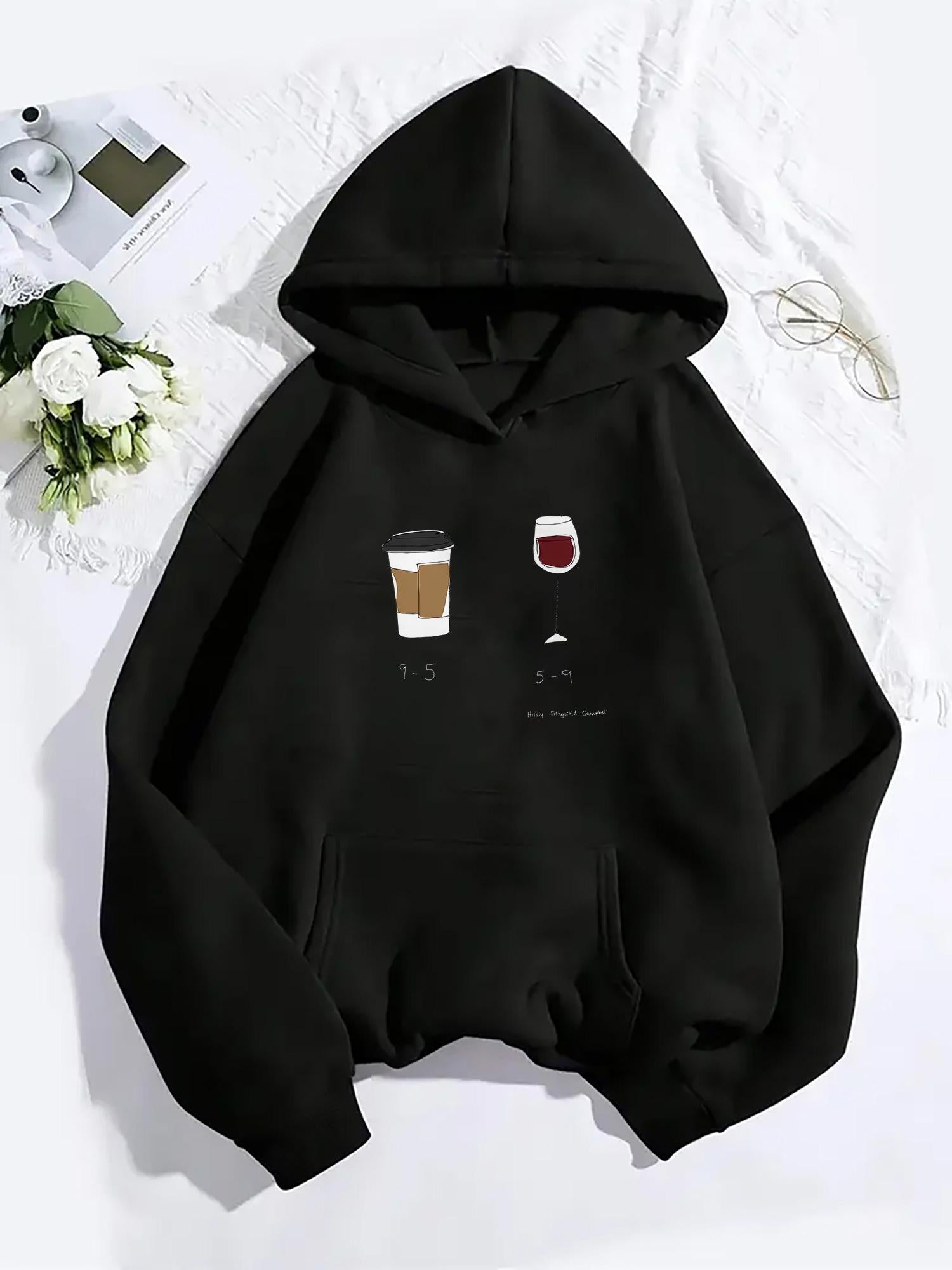 Tailorly Women's Printed Hoodie - Cartoon Glasses With Latte Coffee And Fine Red Wine Illustration
