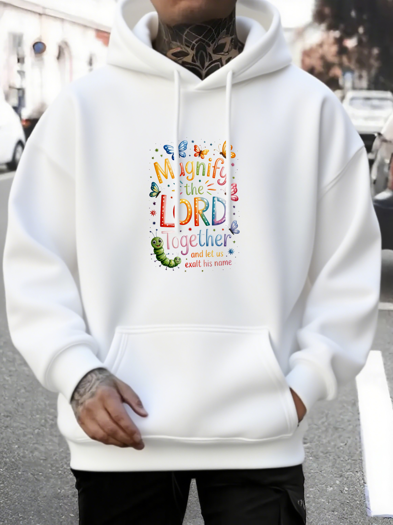 Tailorly Men's Printed Hoodie - Magnify The Lord Together With Colorful Spring Flowers Caterpillar