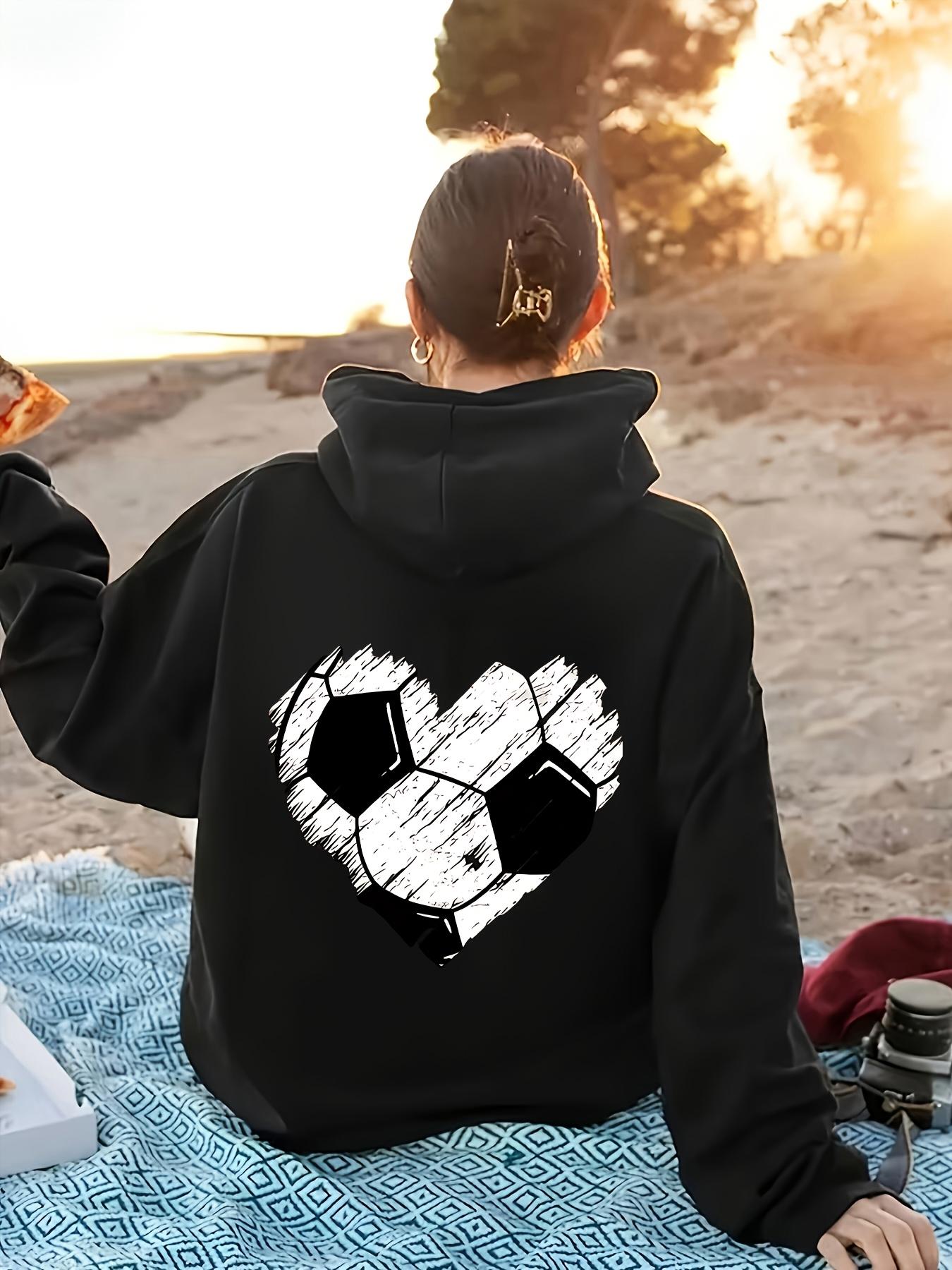 Tailorly Women's Printed Hoodie - Sunset Beach Picnic Heart Shaped Soccer Ball Pattern Hoodie