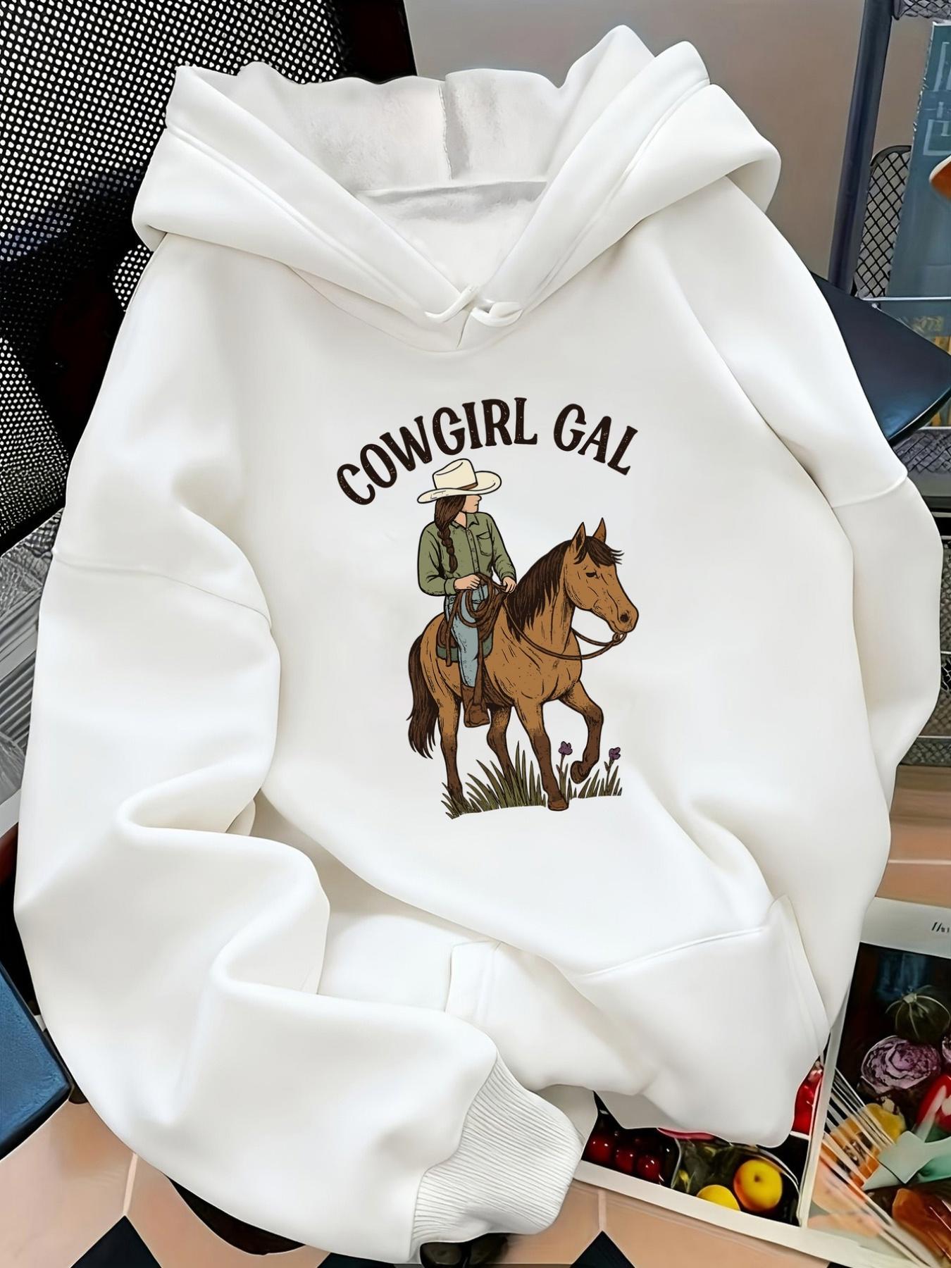 Tailorly Women's Printed Hoodie - Cowgirl Gal With Western Hat Riding Brown Horse Under Open Sky