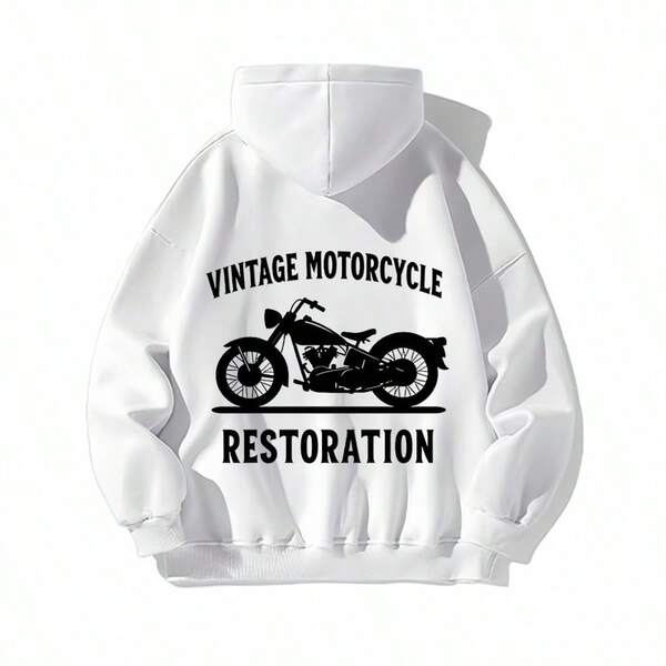 Tailorly Men's Printed Hoodie - Vintage Motorcycle Restoration Silhouette Art With Classic Engine Among White Canvas Hoodie Motorcycle