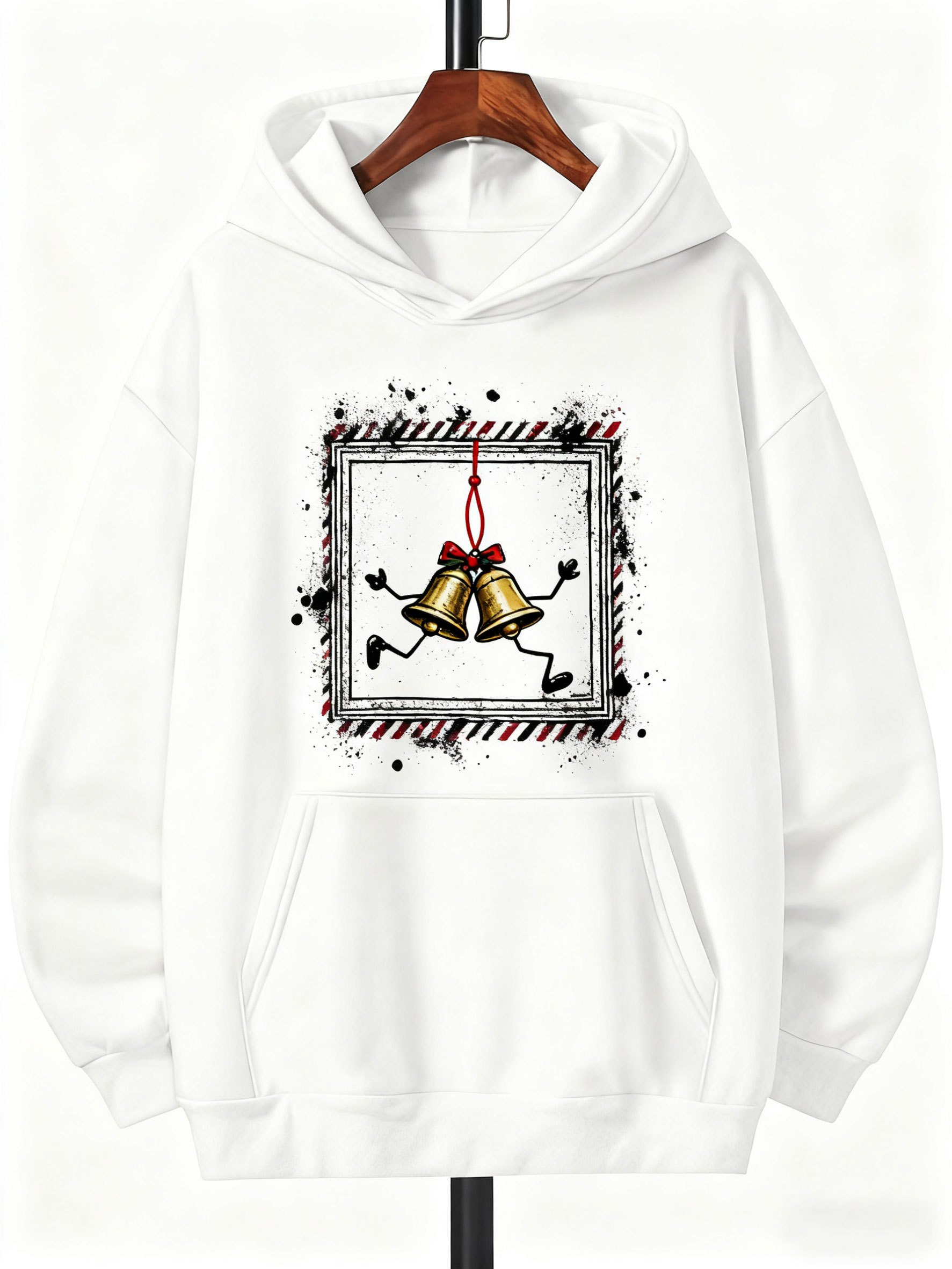Tailorly Men's Printed Hoodie - Golden Bells With Red Ribbon In Artistic Painted Frame