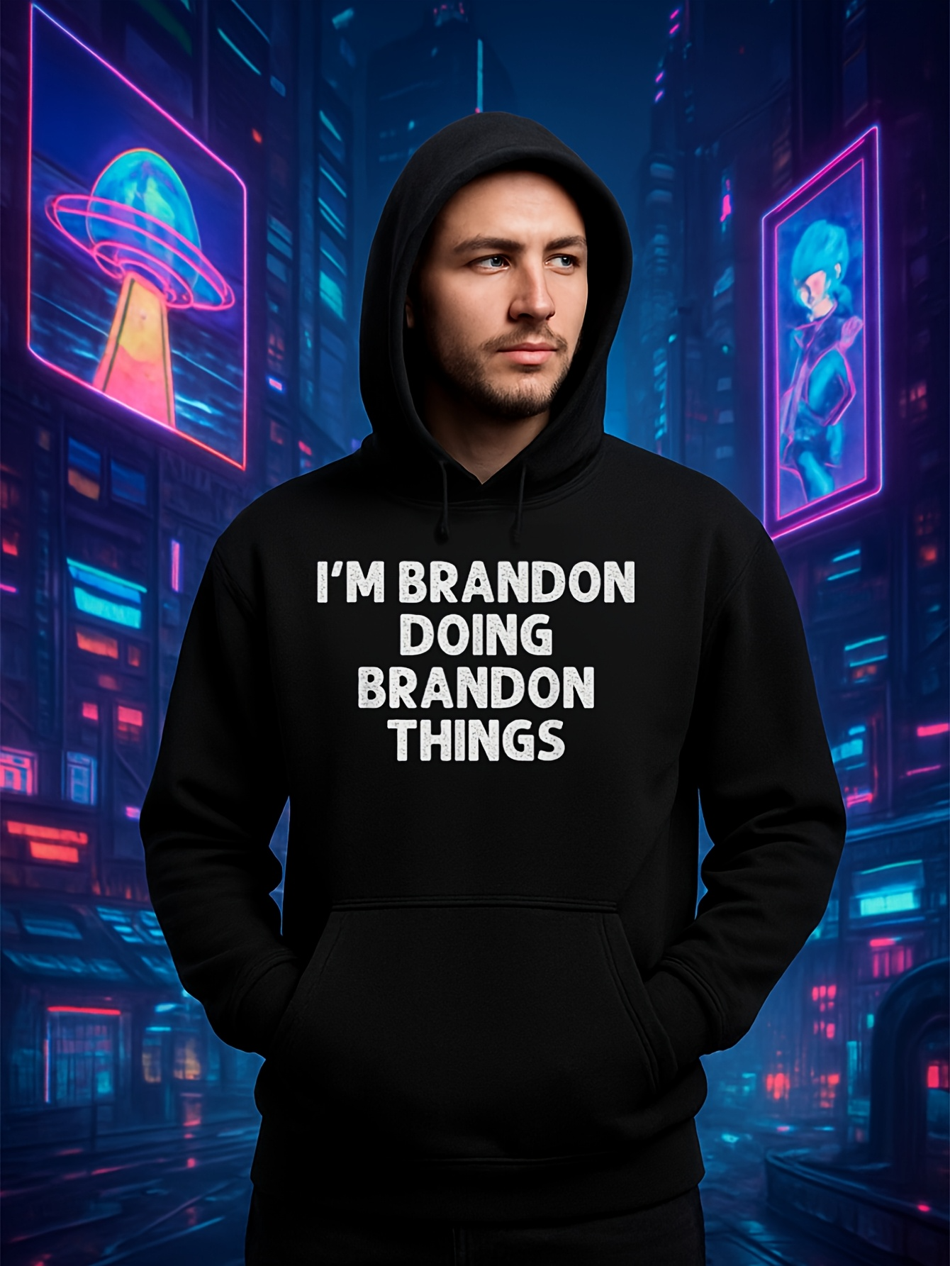 Tailorly Men's Printed Hoodie - Im Brandon Doing Brandon Things White Bold Letters Urban Neon Mood Hoodie