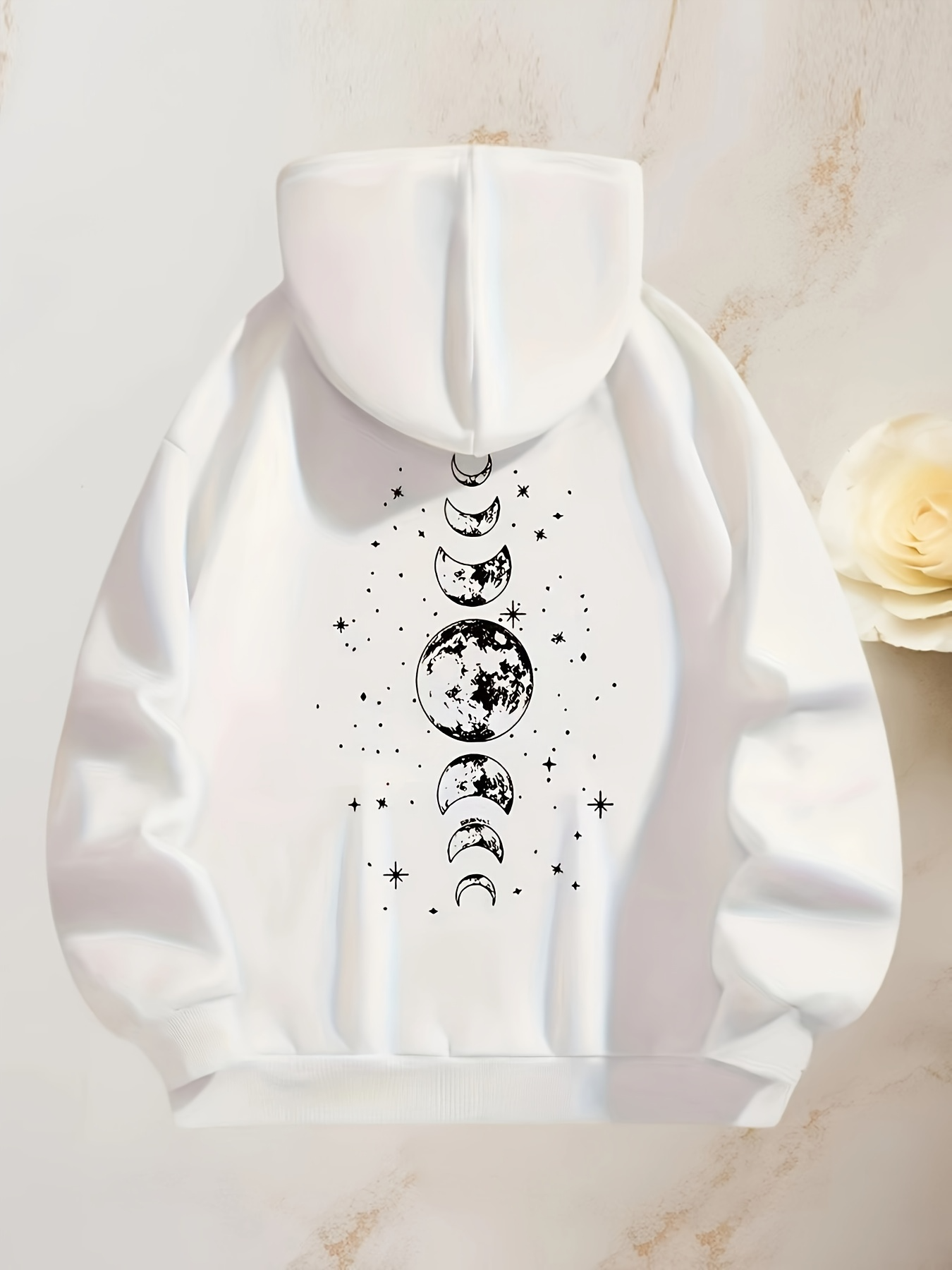 Tailorly Women's Printed Hoodie - Celestial Phases With Shining Stars And Moon Under Night Sky