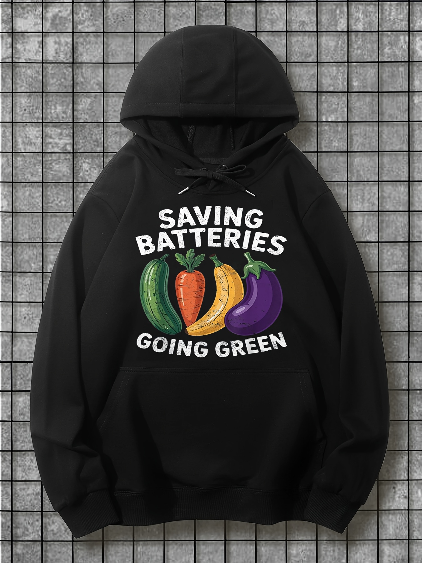 Tailorly Men's Printed Hoodie - Saving Batteries Going Green With Vibrant Vegetables Surrounded By Bright Letters Hoodie