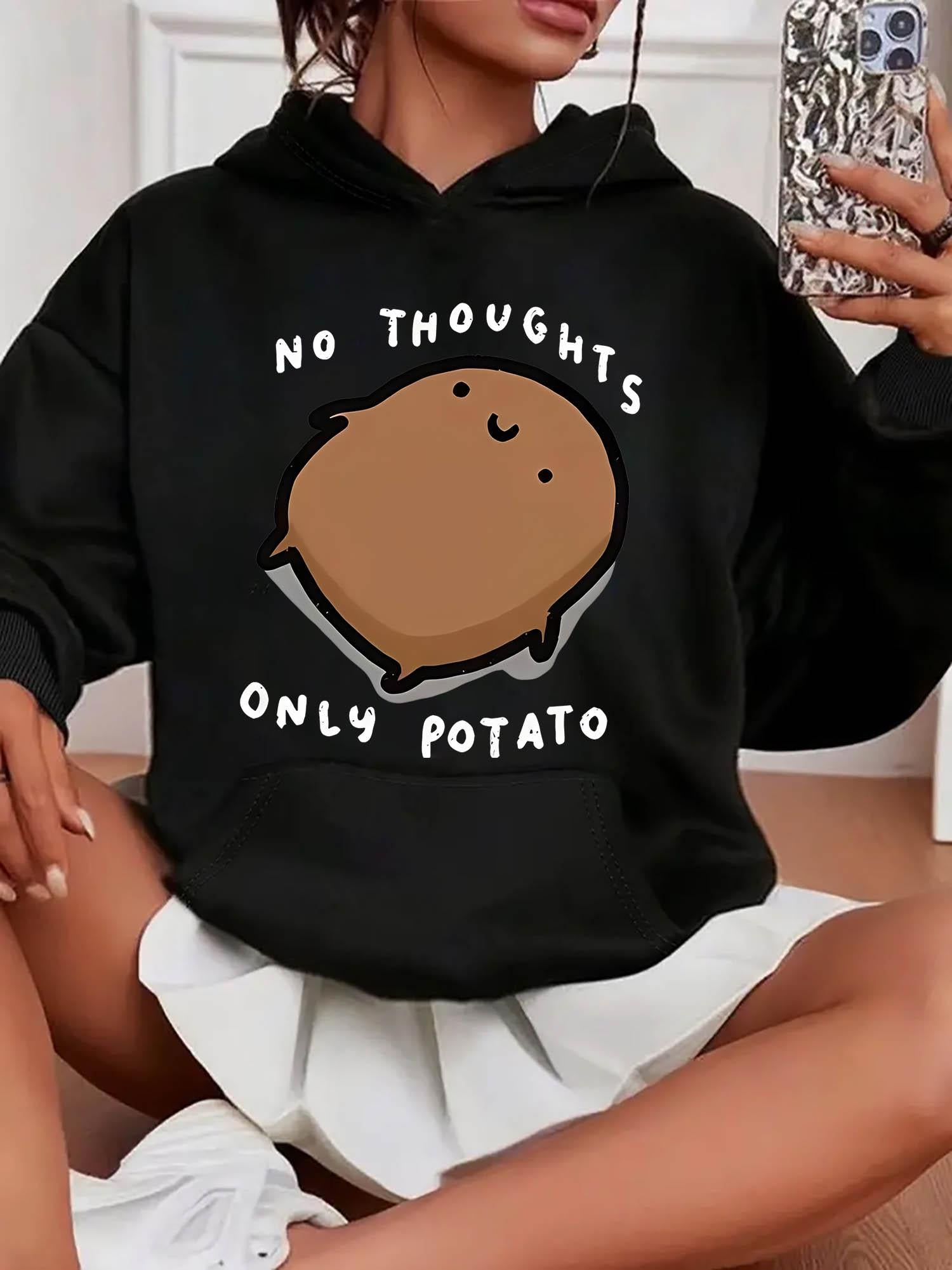 Tailorly Women's Printed Hoodie - No Thoughts Only Potato Cute Cartoon Brown Spud With Cheerful Face Potato