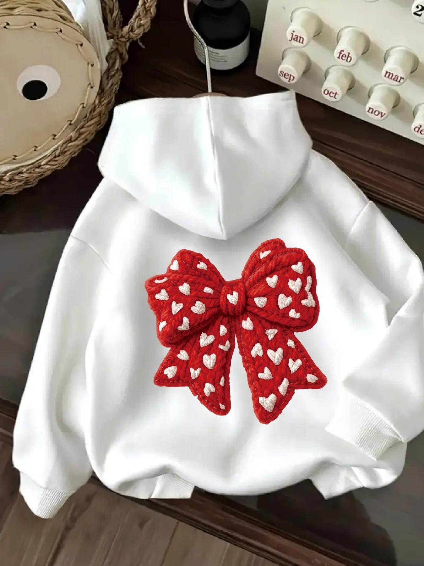 Tailorly Women's Printed Hoodie - Playful Red Ribbon With White Hearts Pattern Bow