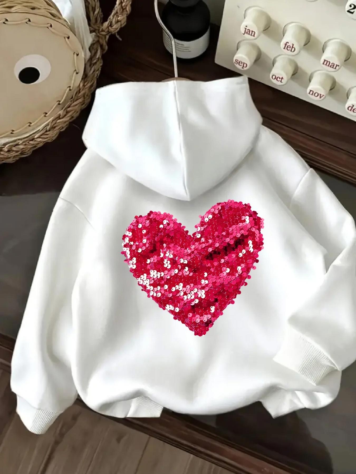 Tailorly Women's Printed Hoodie - Shimmering Sequin Art With Glowing Pink Red Heart