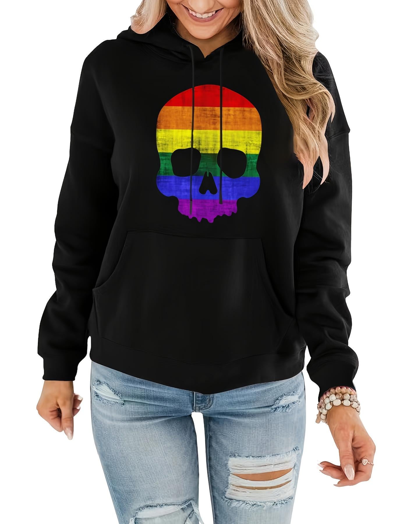 Tailorly Women's Printed Hoodie - Vivid Rainbow Stripes Across A Bold Grunge Skull