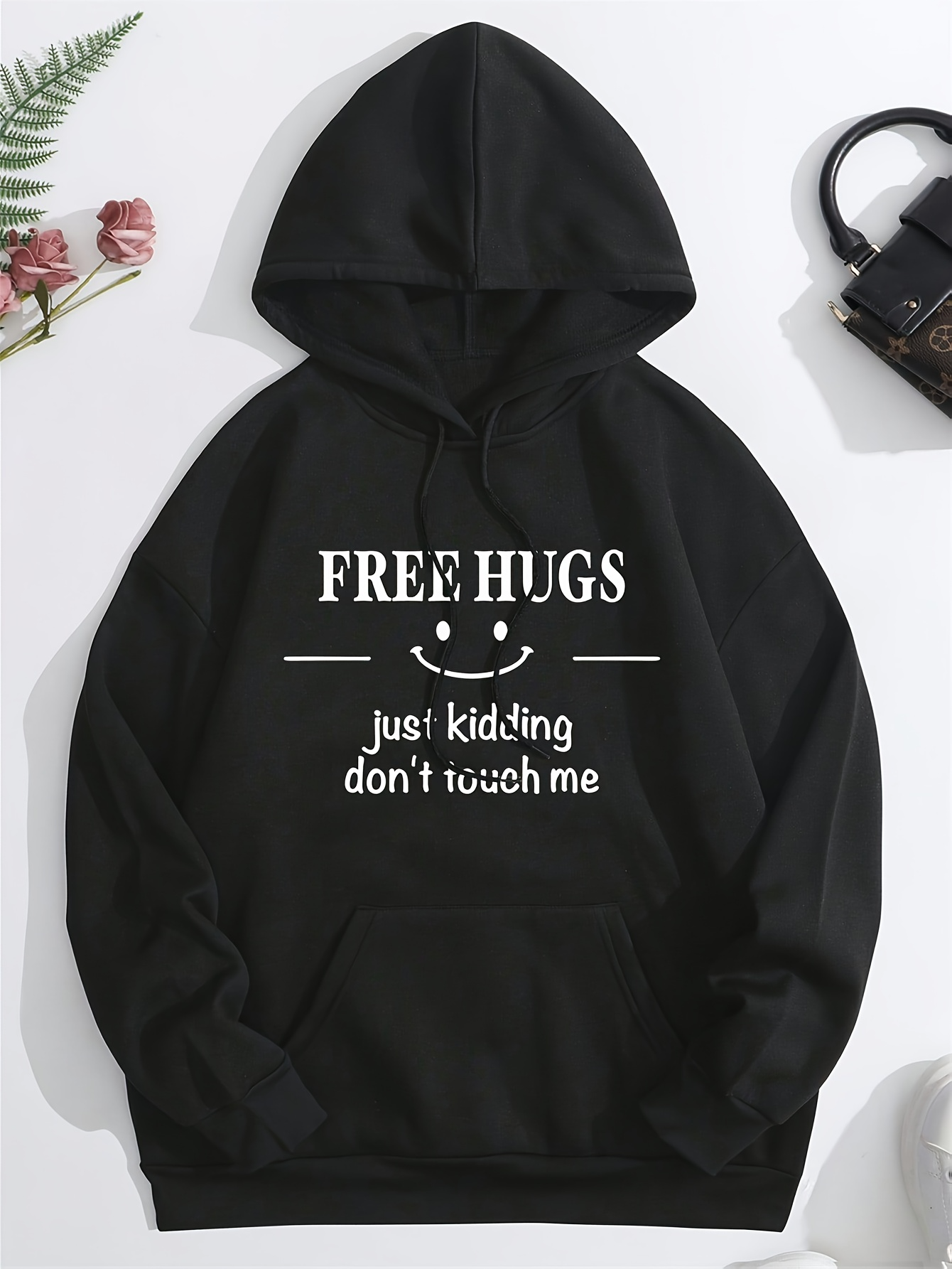 Tailorly Men's Printed Hoodie - Free Hugs Just Kidding Do Not Touch Me With Smiling Face Print Hoodie