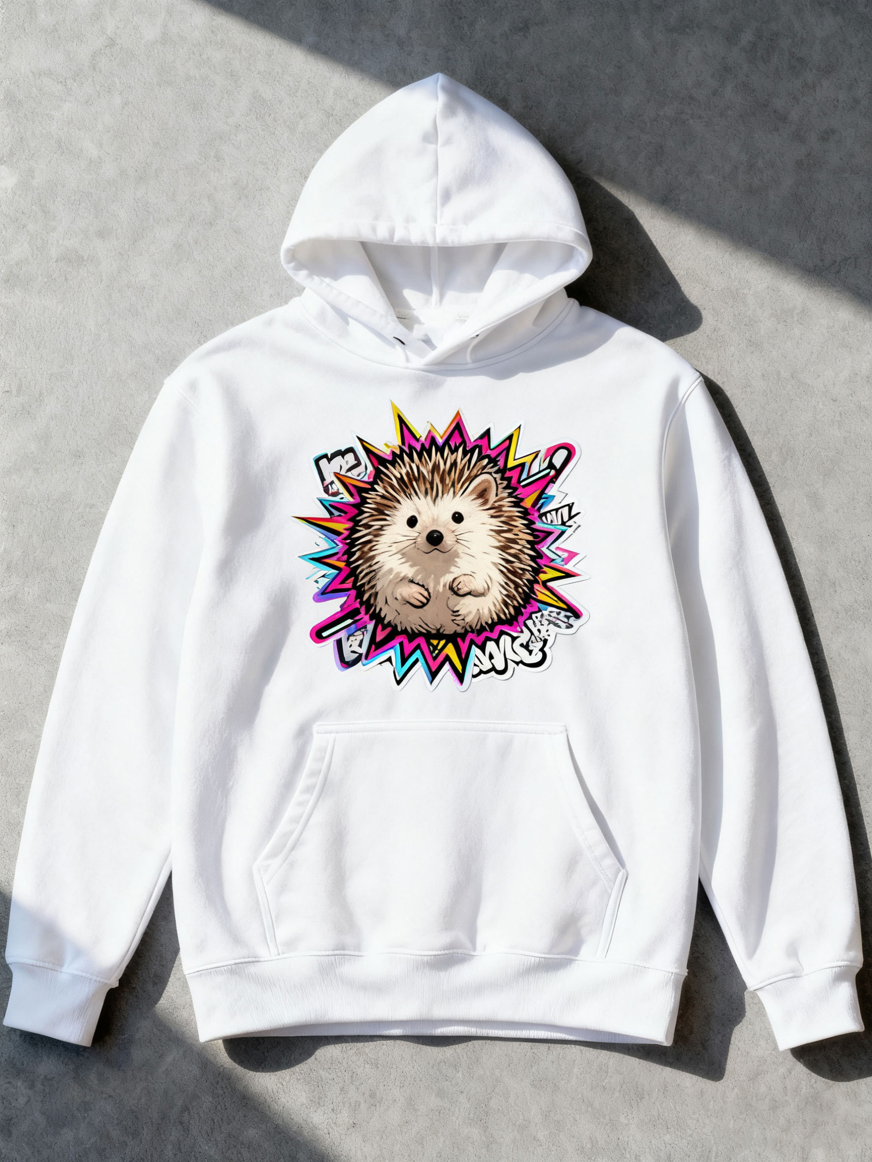Tailorly Men's Printed Hoodie - Cute Spiky Critter With Colorful Comic Background Hedgehog