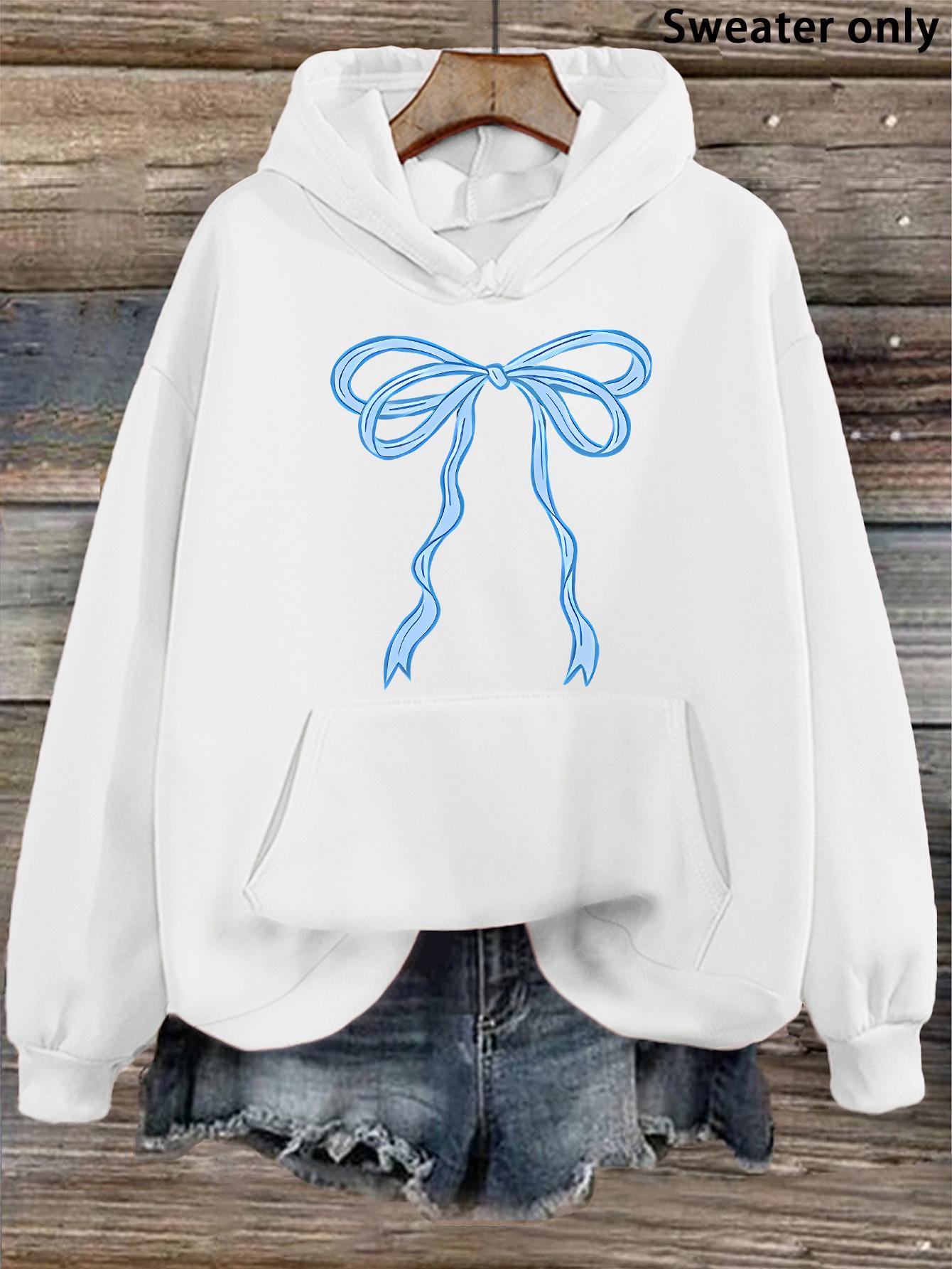 Tailorly Women's Printed Hoodie - Soft Blue Ribbon Sketch On Cozy White Hoodie