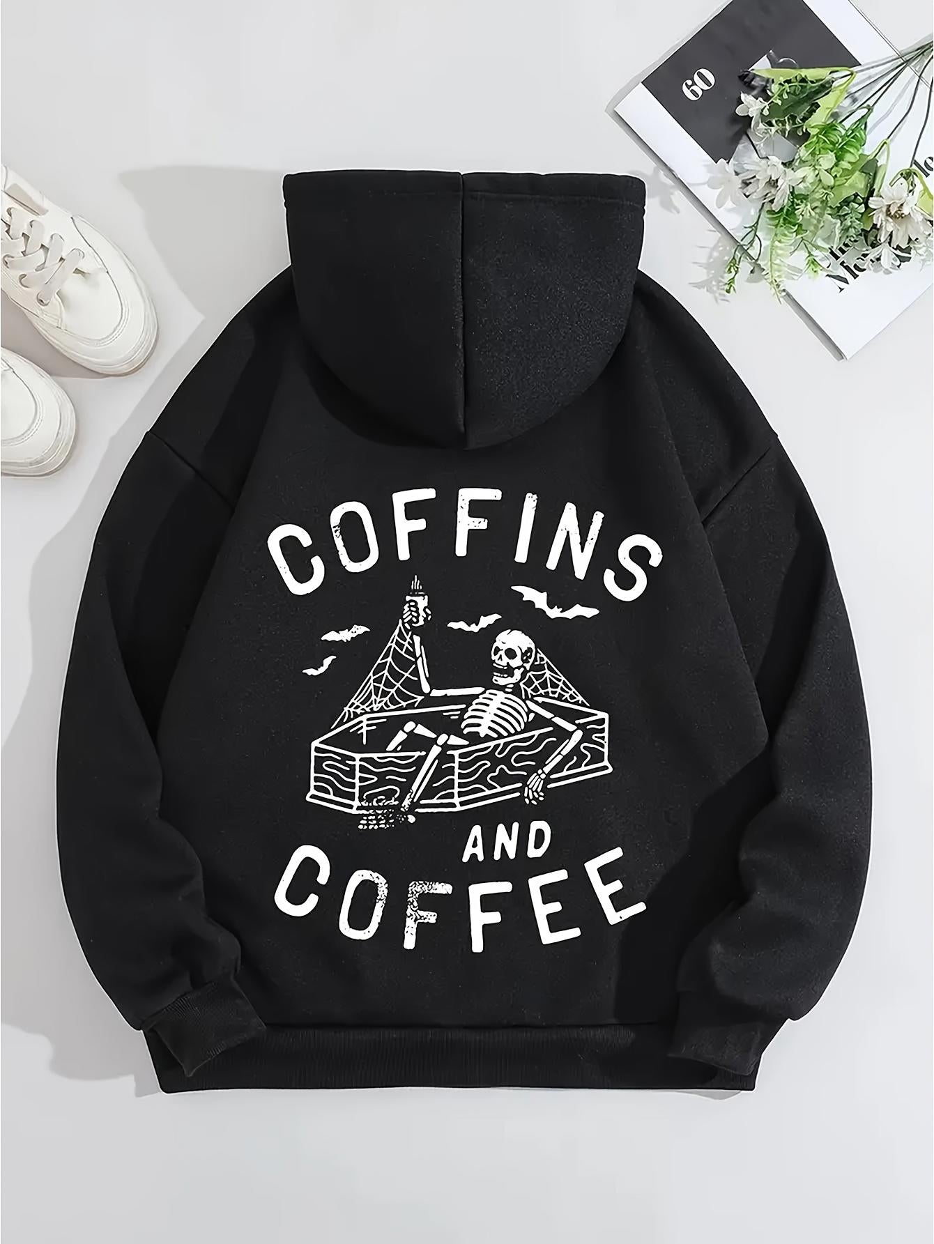 Tailorly Women's Printed Hoodie - Coffins And Coffee Skeleton Relaxing In Coffin Holding Coffee Surrounded By Flying Bats