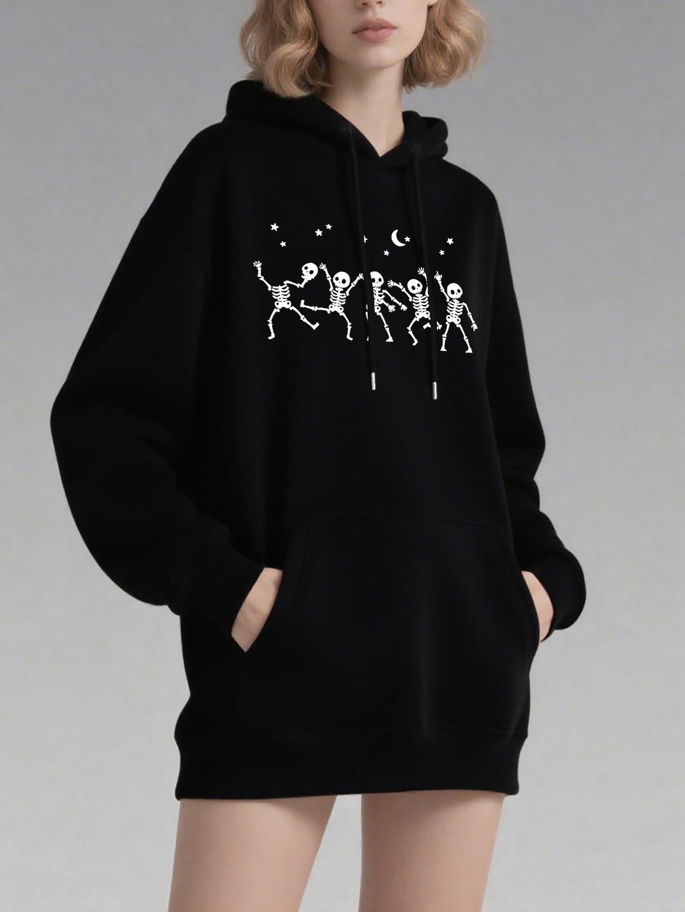 Tailorly Women's Printed Hoodie - Dancing Skeletons Under Starry Night With Crescent Moon Skeleton