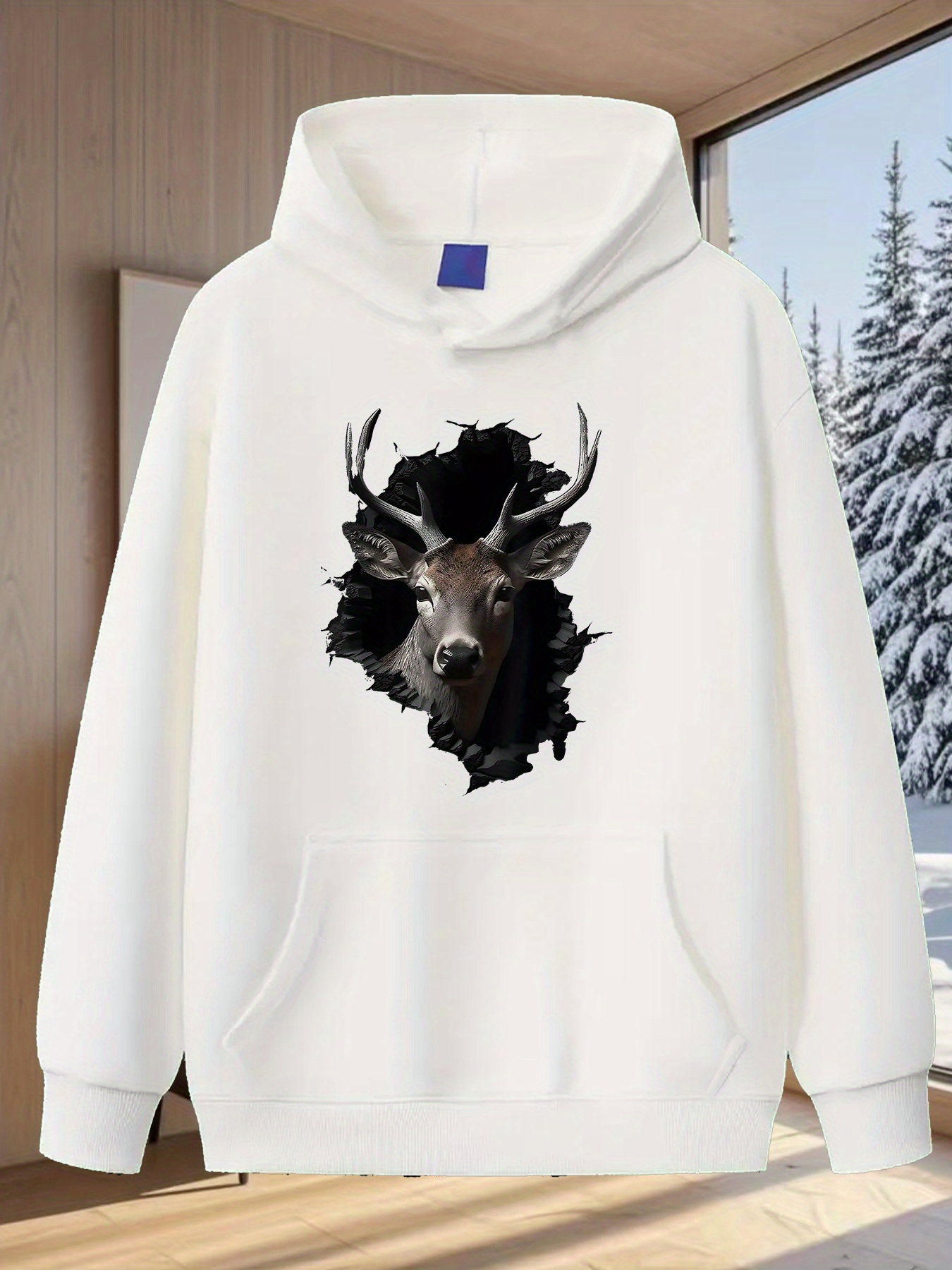 Tailorly Men's Printed Hoodie - Majestic Shadows With Snow Covered Pine Forest Stag