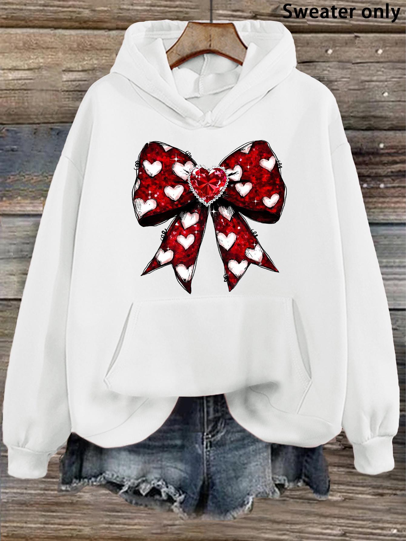 Tailorly Women's Printed Hoodie - Shimmering Red Ribbon Bow With Heart Pattern Under Soft Light Bow